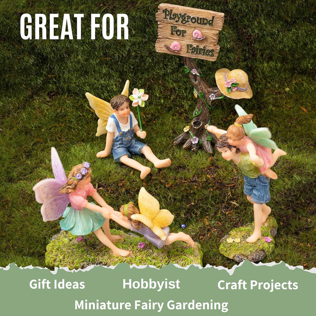 PRETMANNS Fairies for Fairy Garden - Accessories Kit for Indoor Outdoor Miniature Garden – Boy & Girl Figurines with a Cute Sign – 4-Piece Colorful Playground Set