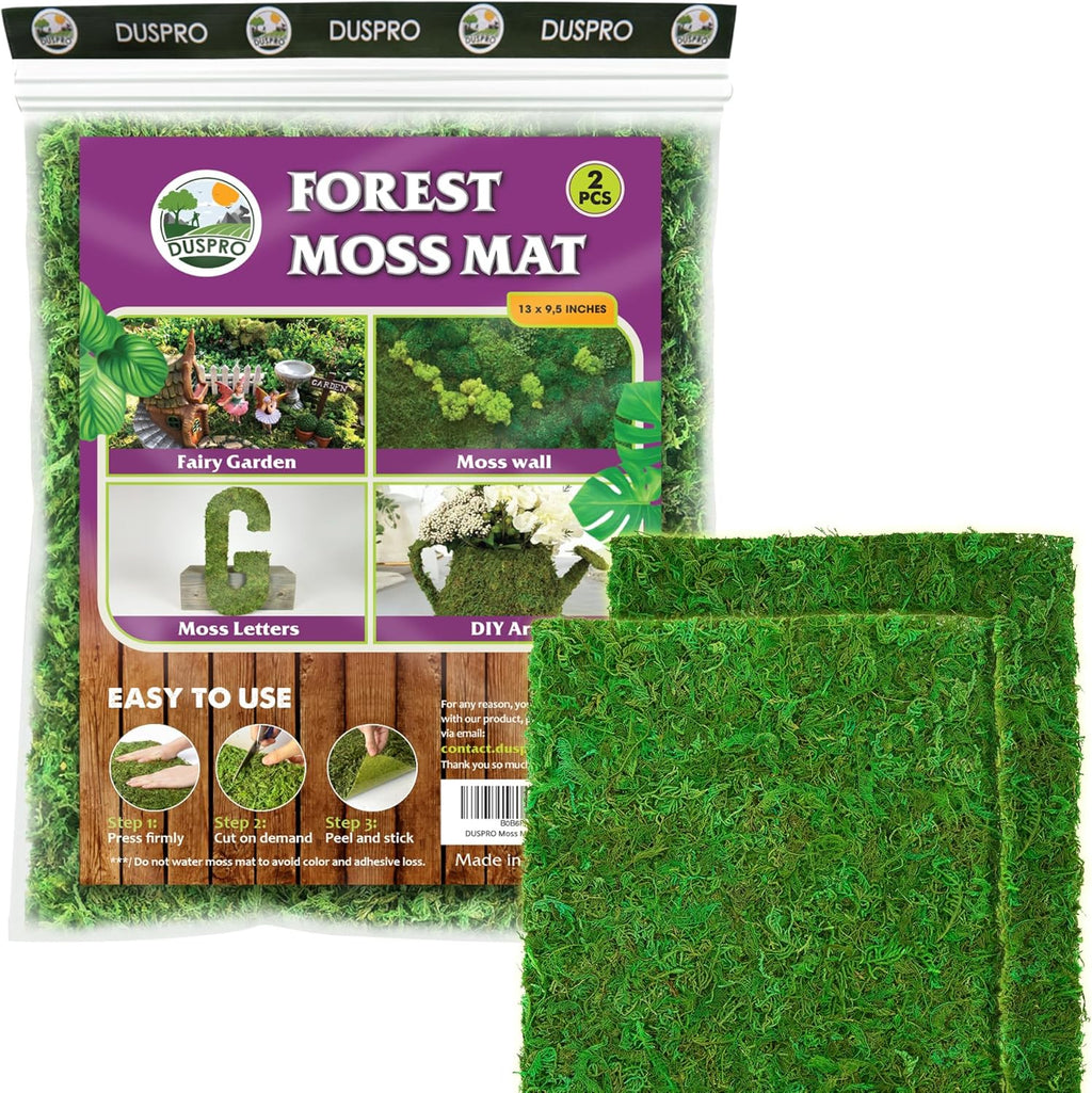 DUSPRO 13x9.5 Inches Moss Mat 2Pcs, Peel and Stick Moss Sheets for Crafts, Moss Sheets for Planters, Moss for Plants Indoor, Adhesive Moss Sheets for Crafts, Sticky Moss for Fairy Garden
