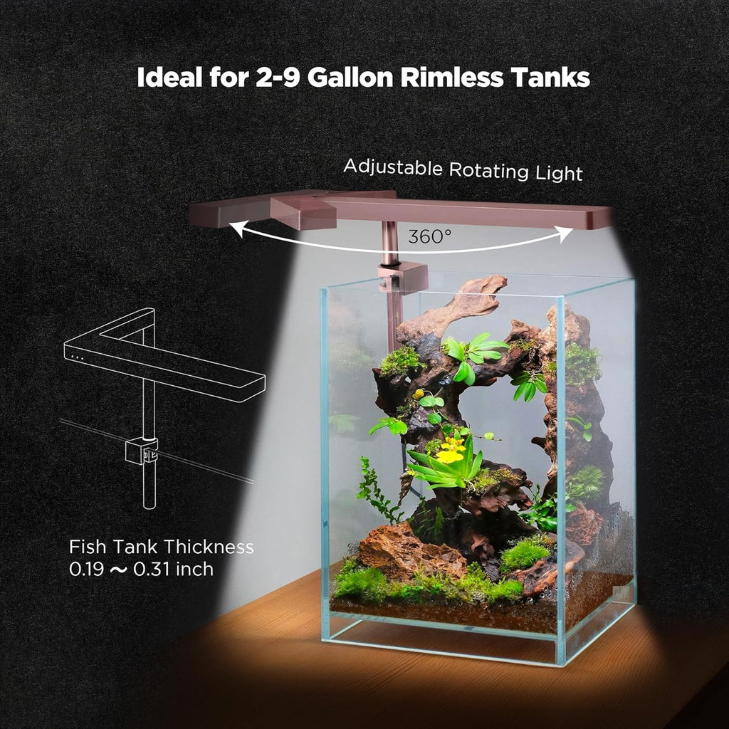 ONF Flat Nano 15W Full Spectrum Aquarium Light, 4 Level Dimmable Plant Light, IP54 Waterproof Freshwater Use Only, Suitable for 2-9 Gallon Rimless Fish Tanks, Terrariums, & Potted Plants, Rose Gold