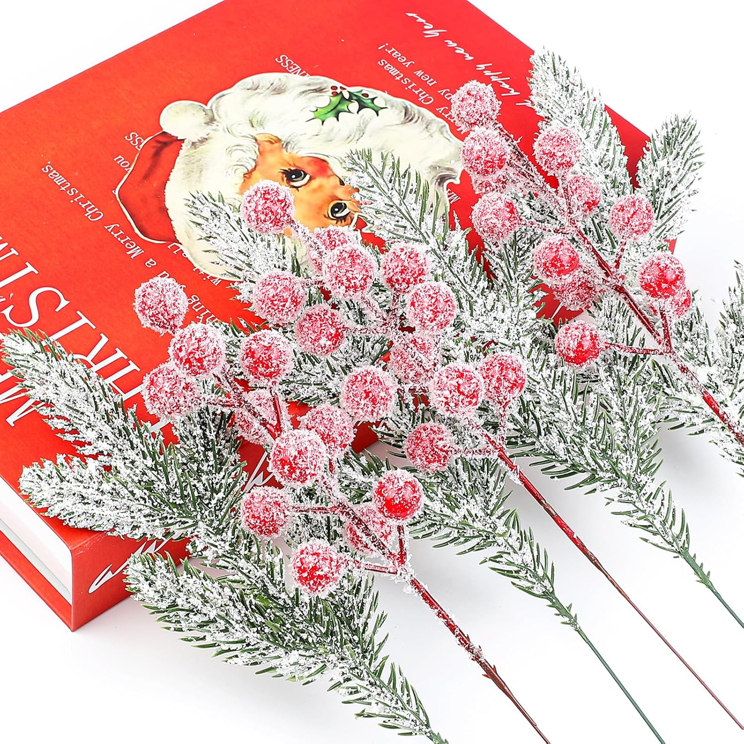 YIYA 30PCS Artificial Christmas Snow Frosted Berries Christmas Snowy Pine Needles Artificial Christmas Flowers for Home Decor Winter Wedding Decor Holiday DIY Crafts