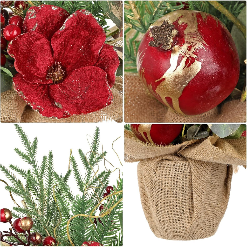 Briful 15.7’’ Premium Artificial Christmas Arrangement with Red Magnolia, Pomegranate & Gold Berries in Burlap Pot, Elegant Holiday Centerpiece for Farmhouse & Modern Christmas Décor