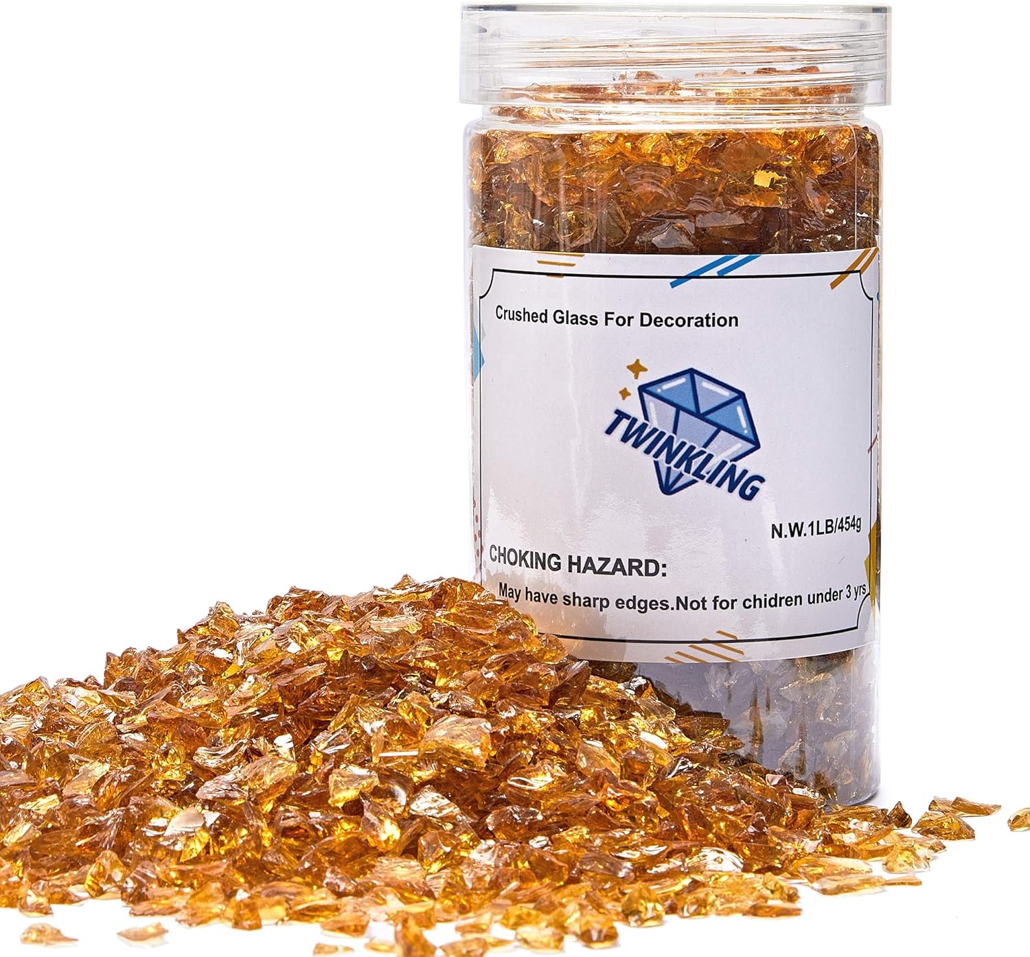 TWINKLING High Luster Fire Glass Gravel Stone Glitter,Broken Glass,Fire Gems Chips,Crushed Glass for Fire Pit Crafts Resin Art Aquarium Garden Decoration,3-6mm,1-Pound Jar (Deep Amber)