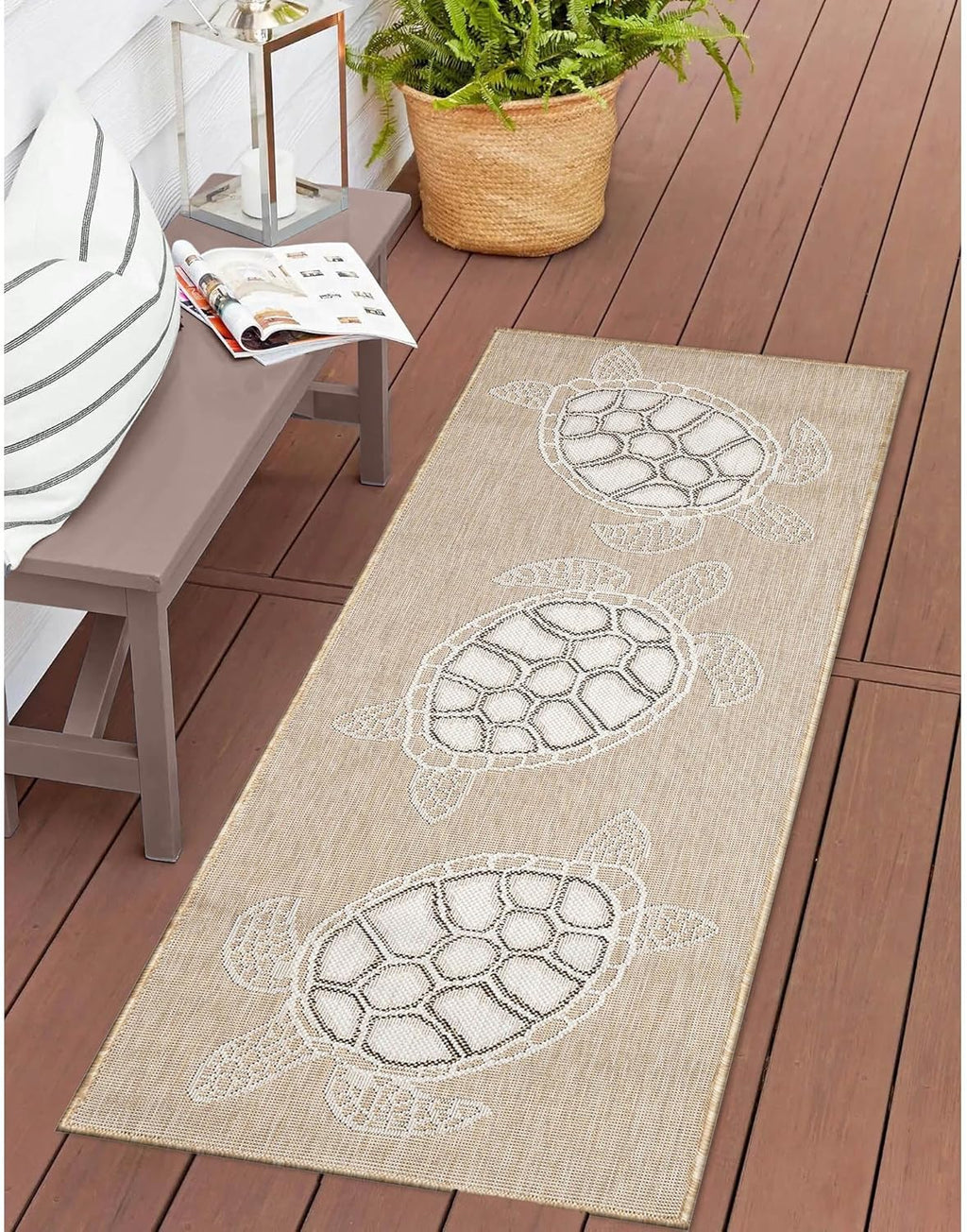 Liora Manne Carmel Indoor/Outdoor Power Loomed Synthetic Blend Low Profile Area Rug - Transitional Coastal Turtle Decorative (Seaturtles Sand) (1'11" x 4'11")