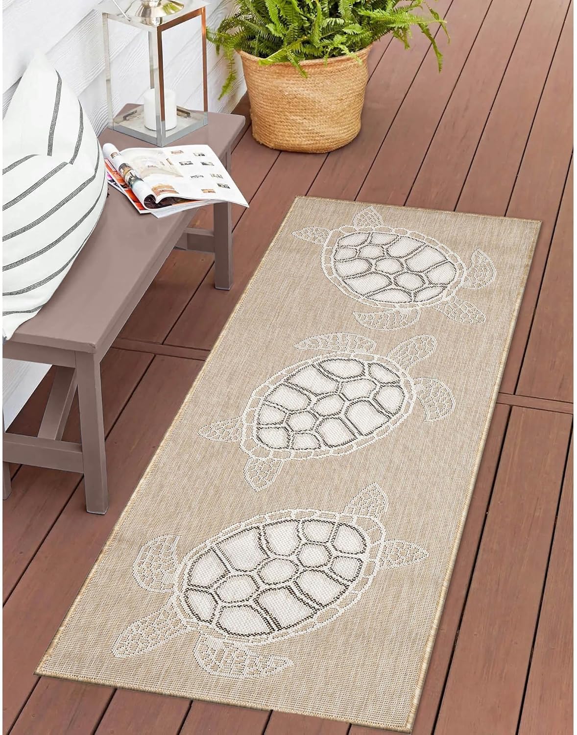 Liora Manne Carmel Indoor/Outdoor Power Loomed Synthetic Blend Low Profile Area Rug - Transitional Coastal Turtle Decorative (Seaturtles Sand) (1'11" x 4'11")