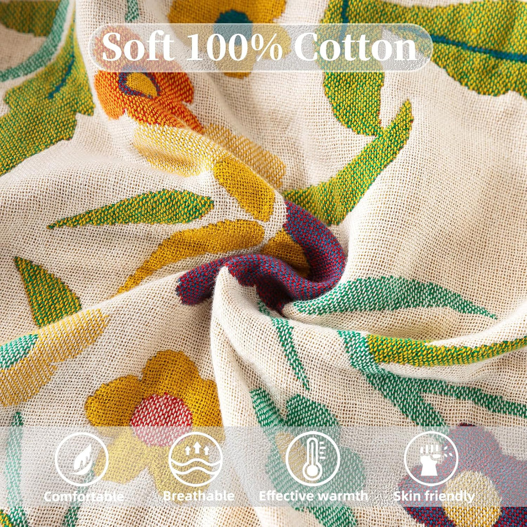 Boho Throw Blanket for Bed - 100% Pure Cotton Ultra Soft Rustic Quilt - Farmhouse Decor Bed Blankets, All Season Rustic Throw for Sofa Couch Chair(60"×80", Boho Floral)