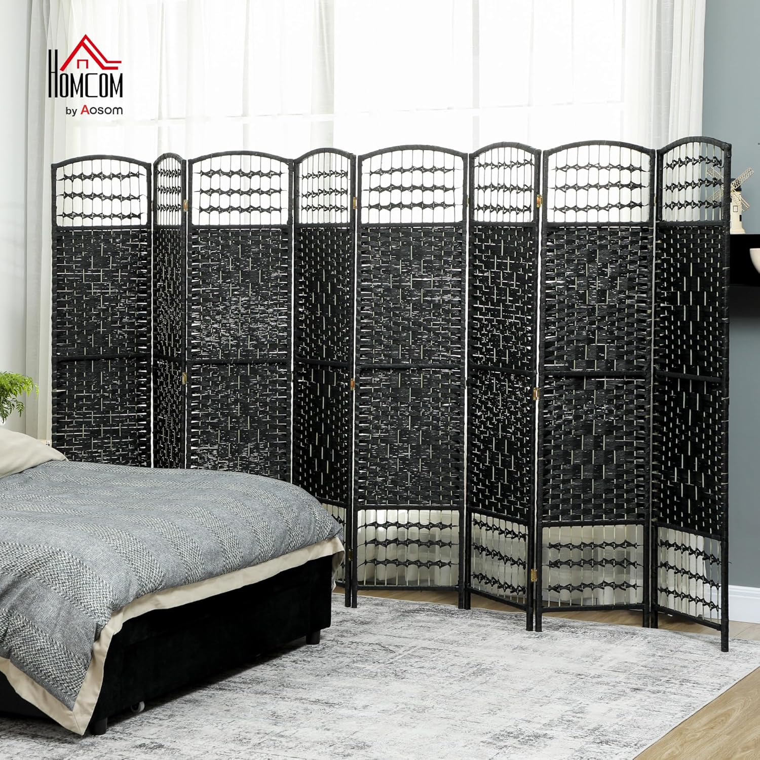 HOMCOM 8 Panel Room Divider, Folding Privacy Screen, 5.6' Room Separator, Wave Fiber Freestanding Partition Wall Divider, Black