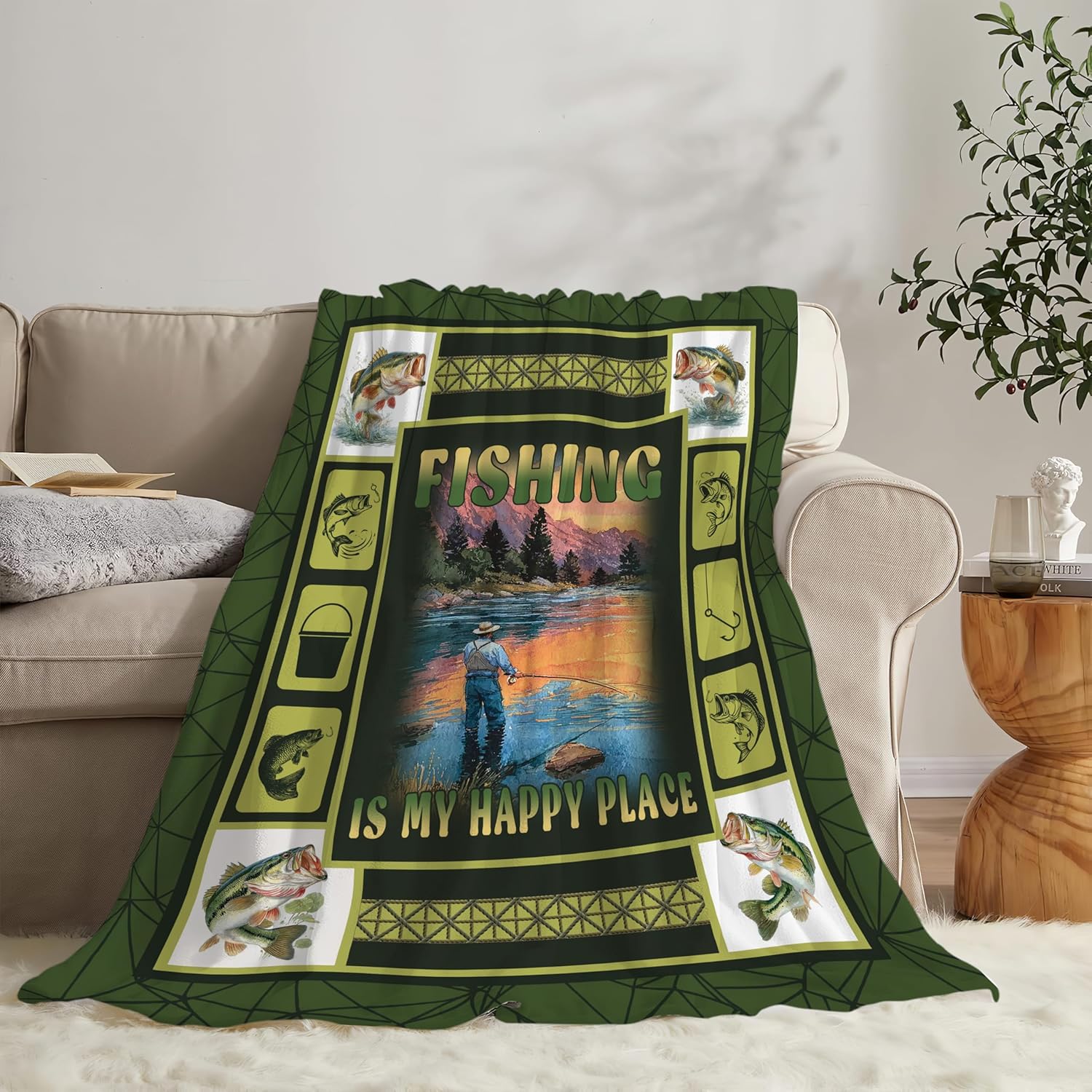 Fish Throw Blanket Fishing Stuff Gifts for Kids Girls Boys Adults Women Men Soft Cozy Warm Plush Fluffy Fuzzy Fleece Blanket Decor 60''X80''