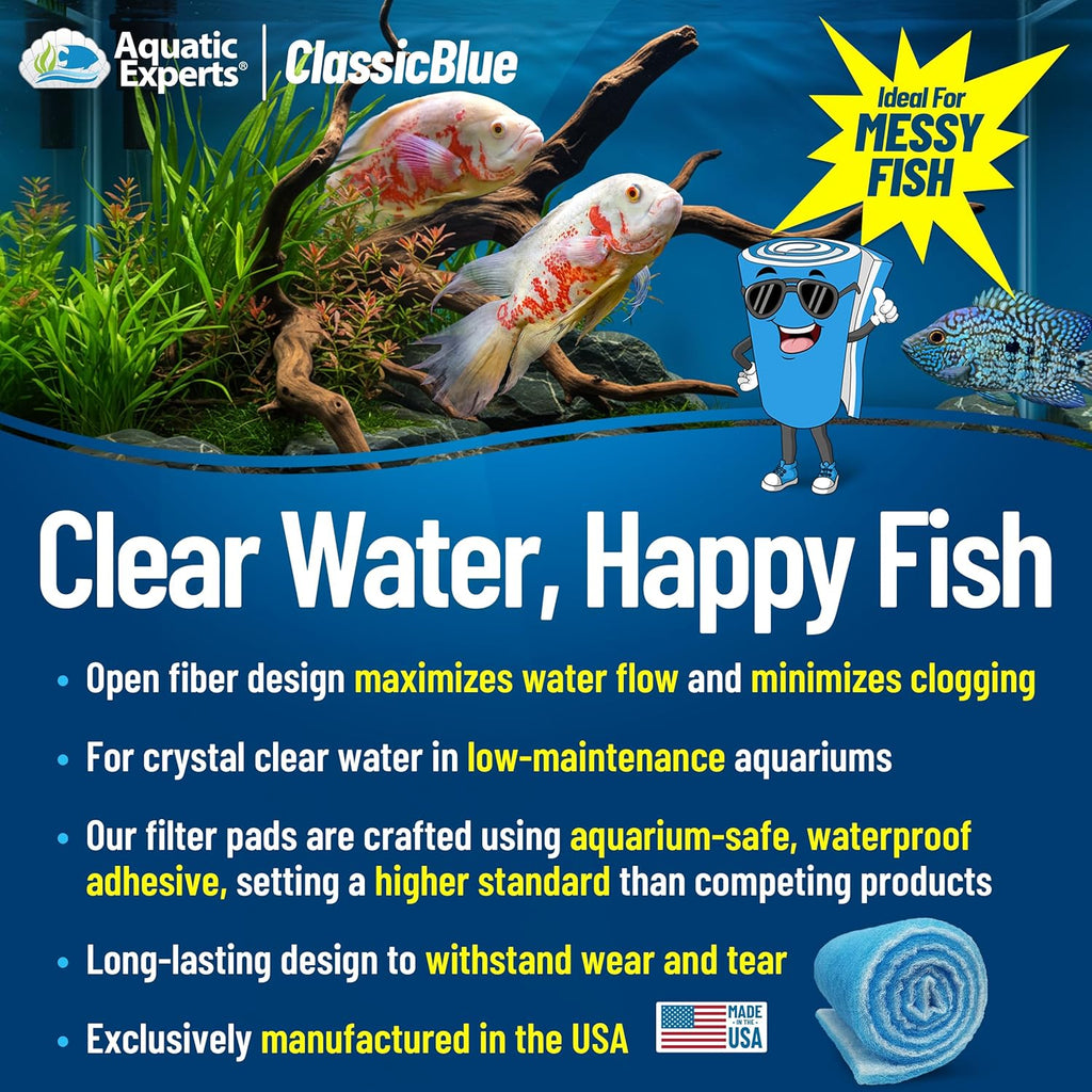 Aquatic Experts Classic Bonded Aquarium Filter Pad -12 Inches by 72 Inches by .75 Inch - Blue and White Aquarium Filter Media Roll Bulk Can Be Cut to Fit Most Filters, Made in USA