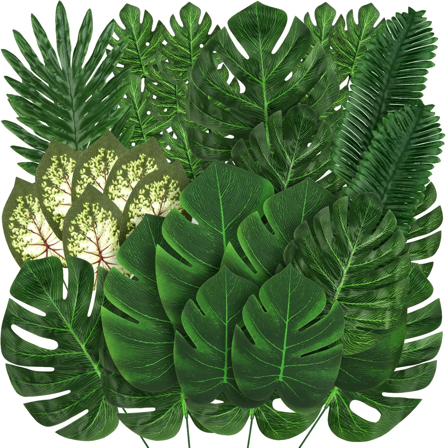 Jungle Party Decorations, 78 Pieces 8 Kinds Artificial Palm Leaves Green Tropical Leaves with Stems Jungle Leaves Decorations Palm for Hawaiian Luau Party Jungle Beach Table
