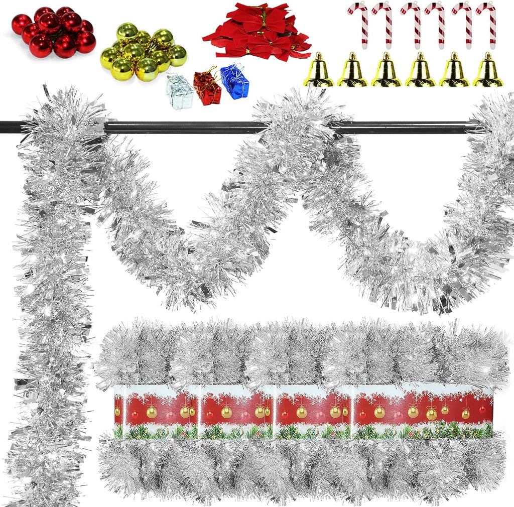 4 Pack Silver Tinsel Garland - 200Ft Metallic Hanging Tinsel for Christmas Tree, Home & Party Decorations Indoor/Outdoor