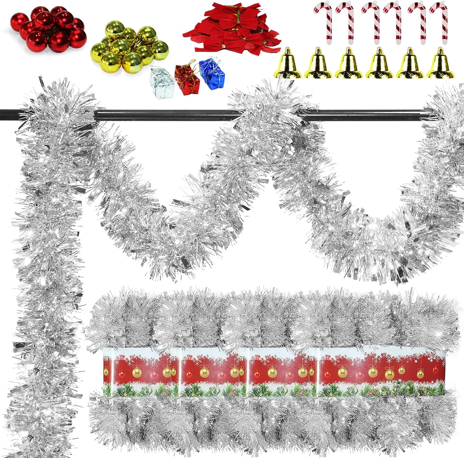 4 Pack Silver Tinsel Garland - 200Ft Metallic Hanging Tinsel for Christmas Tree, Home & Party Decorations Indoor/Outdoor