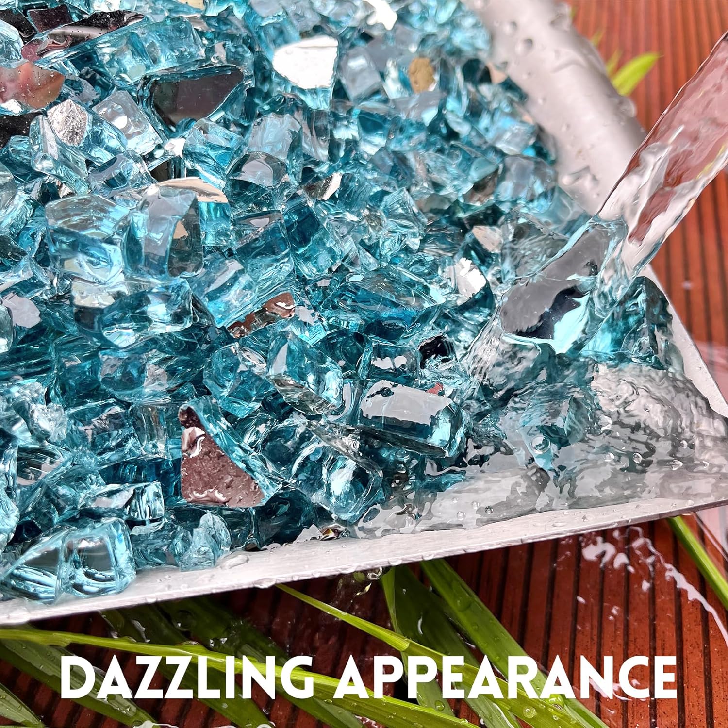 GasSaf 1/2 Inch Fire Glass Reflective Tempered Fireglass Cut Crushed FireGlass for Fire Pit, Fireplace, Replaces Existing Gas Logs & Lava Rocks (20 Pound)(Caribbean Blue Reflective).