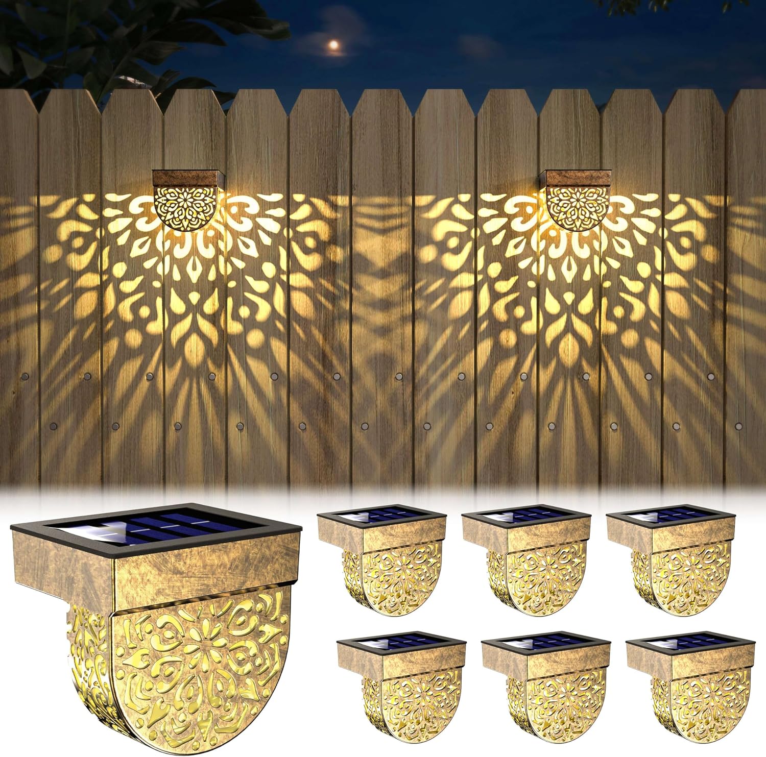 Solar Fence Lights 6 Pack Solar Step Lights Outdoor Waterproof LED Solar Powered Wall Lights Outdoor Decorations Warm Yellow Light Decorative Lighting for, Front Door, Backyard (Gold)