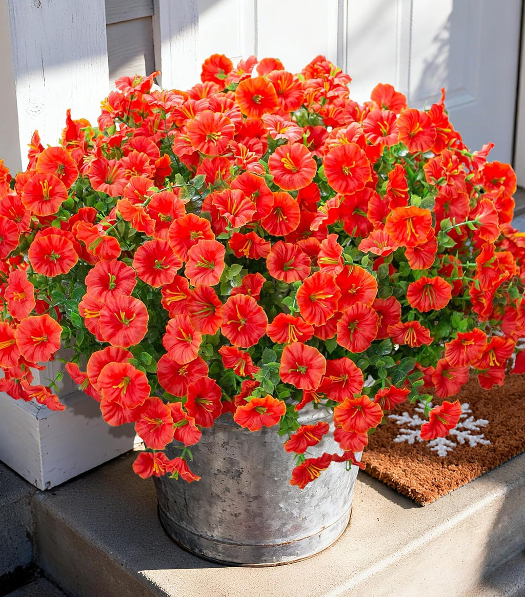 Artificial Flowers Fake Plants for Outdoors Decoration, 12 Bundles Orange Silk Morning Glory with Eucalyptus Realistic UV Resistant Faux Flowers Greenery for Outside Planter Yard Garden Home Indoor