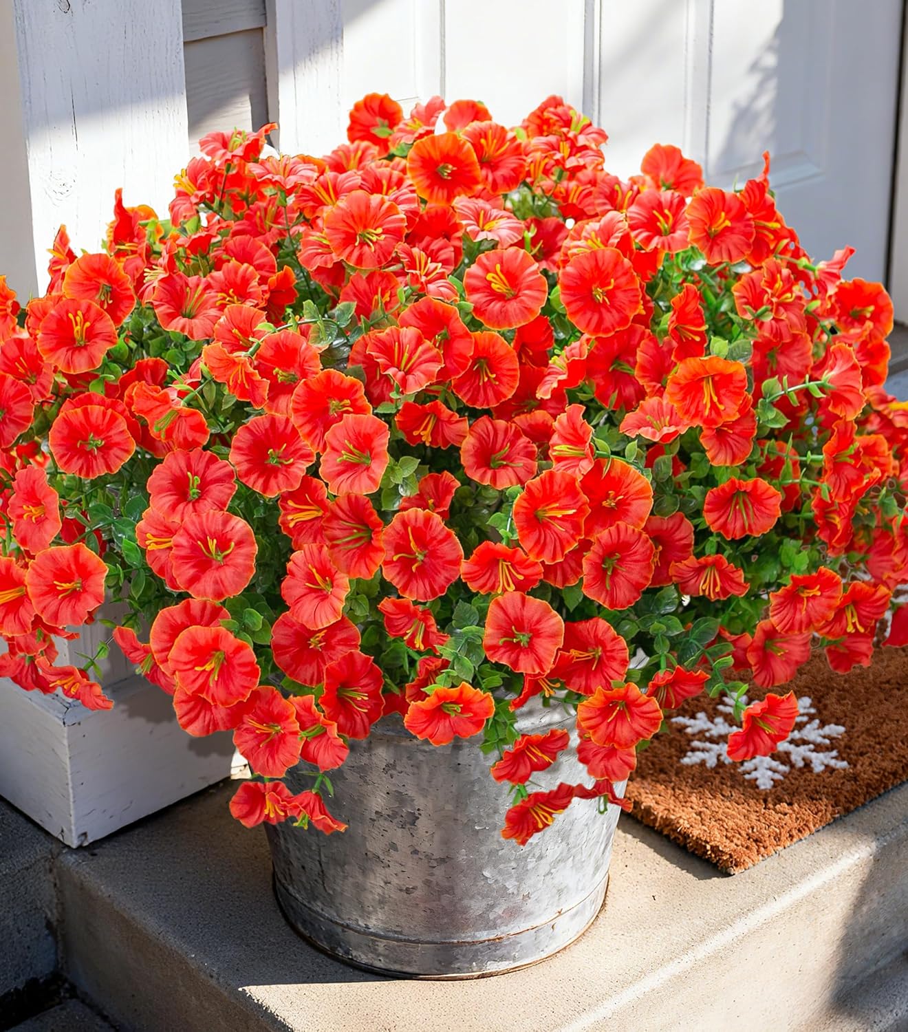 Artificial Flowers Fake Plants for Outdoors Decoration, 12 Bundles Orange Silk Morning Glory with Eucalyptus Realistic UV Resistant Faux Flowers Greenery for Outside Planter Yard Garden Home Indoor