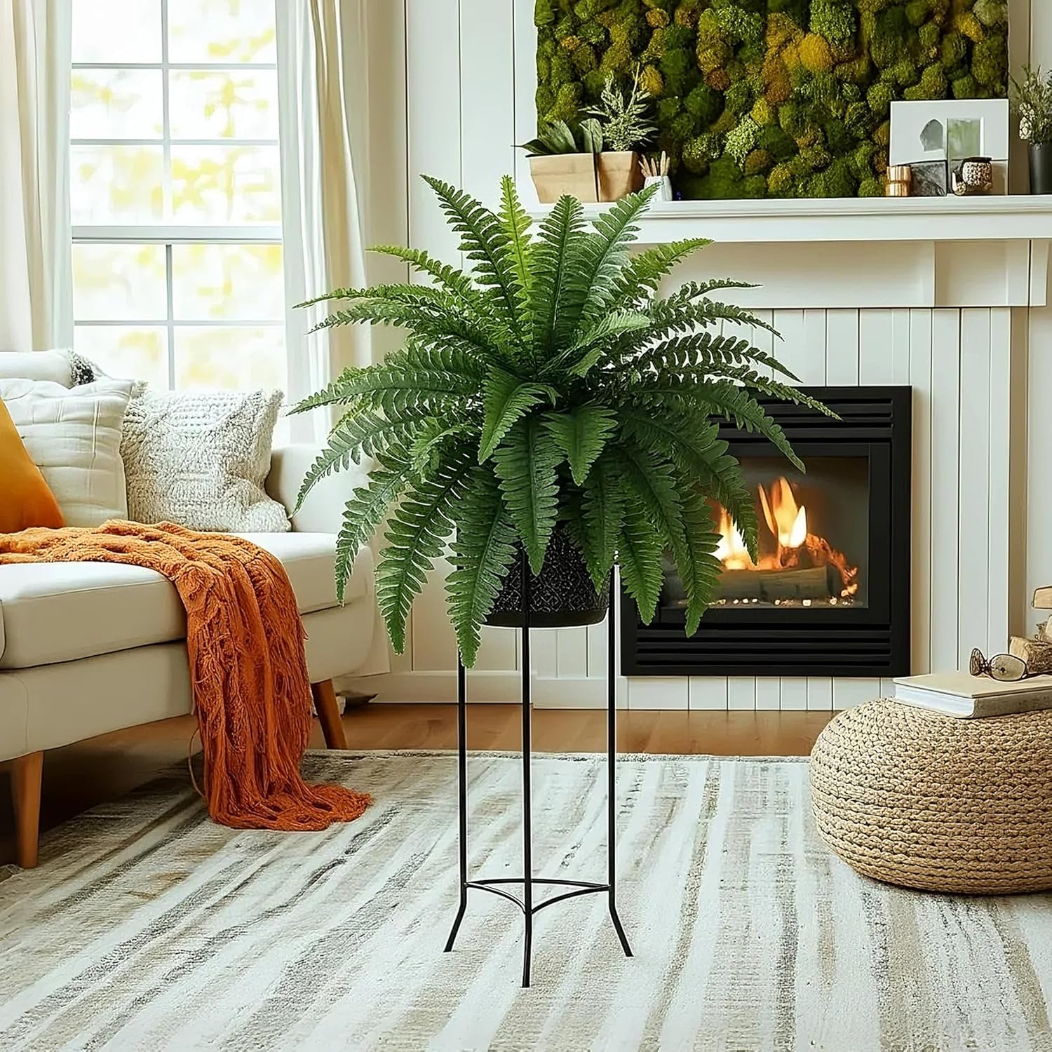 Fake Ferns, 35IN Large Fake Bush Plants, 2 Articial Boston Ferns with 39 Fronds for Outdoor Hanging Planter Garden Porch Entrance Home Decor