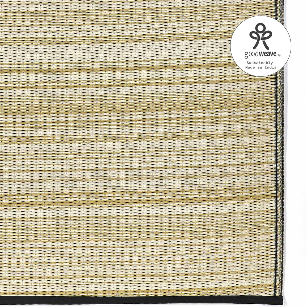 Fab Habitat Outdoor Rug - Waterproof, Fade Resistant, Crease-Free - Premium Recycled Plastic - Striped - Porch, Deck, Balcony, Mudroom, Laundry Room, Patio - Cancun Shadow - Sand & Black - 3 x 5 ft