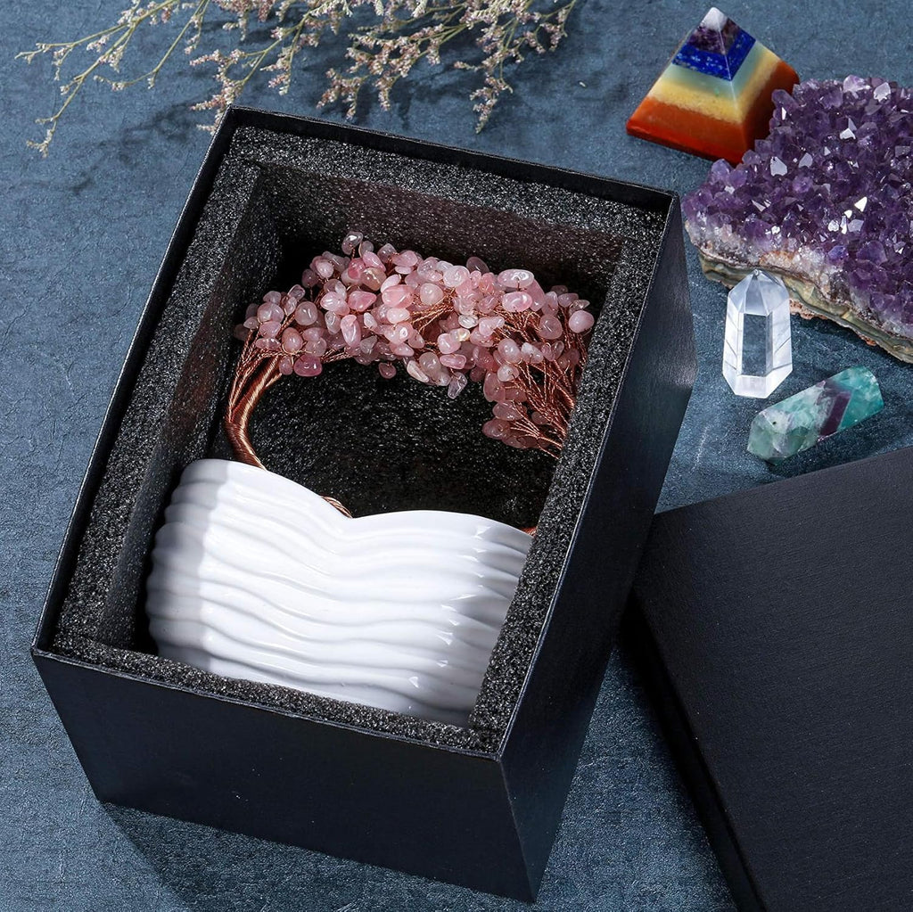 GEHECRST Rose Quartz Healing Crystals Heart Money Tree Reiki Gemstones Pink Quartz Bonsai Tree Feng Shui Crystal Ornament Home Office Desk Decor Healing Crystal Gifts for Mom Mothers Day Christmas