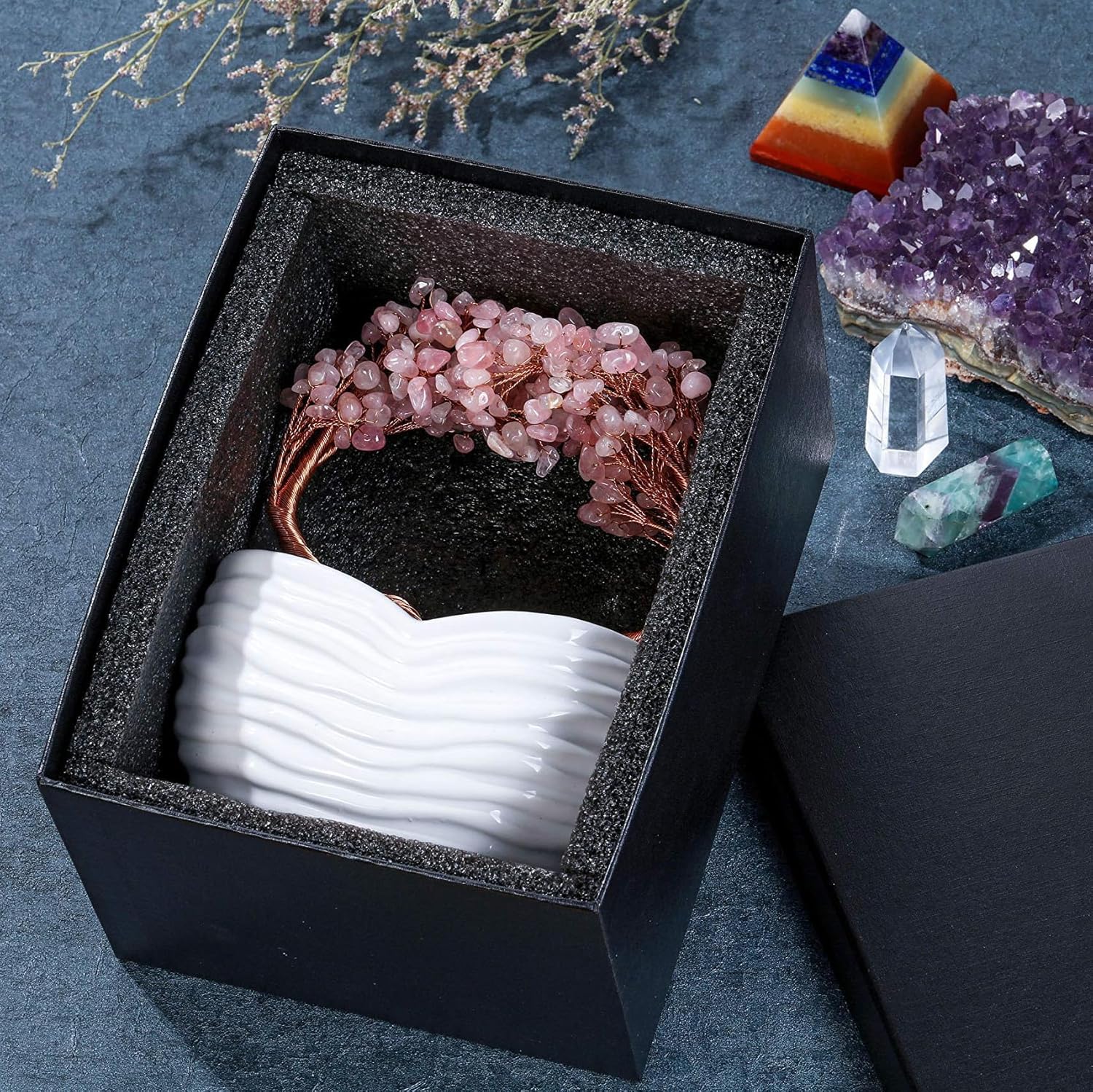 GEHECRST Rose Quartz Healing Crystals Heart Money Tree Reiki Gemstones Pink Quartz Bonsai Tree Feng Shui Crystal Ornament Home Office Desk Decor Healing Crystal Gifts for Mom Mothers Day Christmas