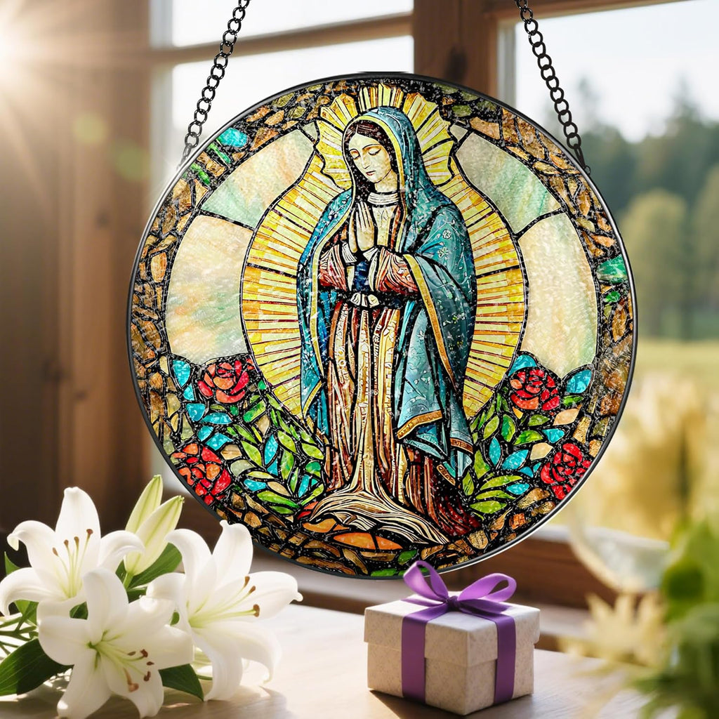 8 Inch Our Lady of Guadalupe Stained Glass Suncatcher, Stained Glass Window Hanging, Mexican Mom Window Hanging, Latin Mom Gift, Gifts for Mother's Day, Religious Gift, Gifts for Christian