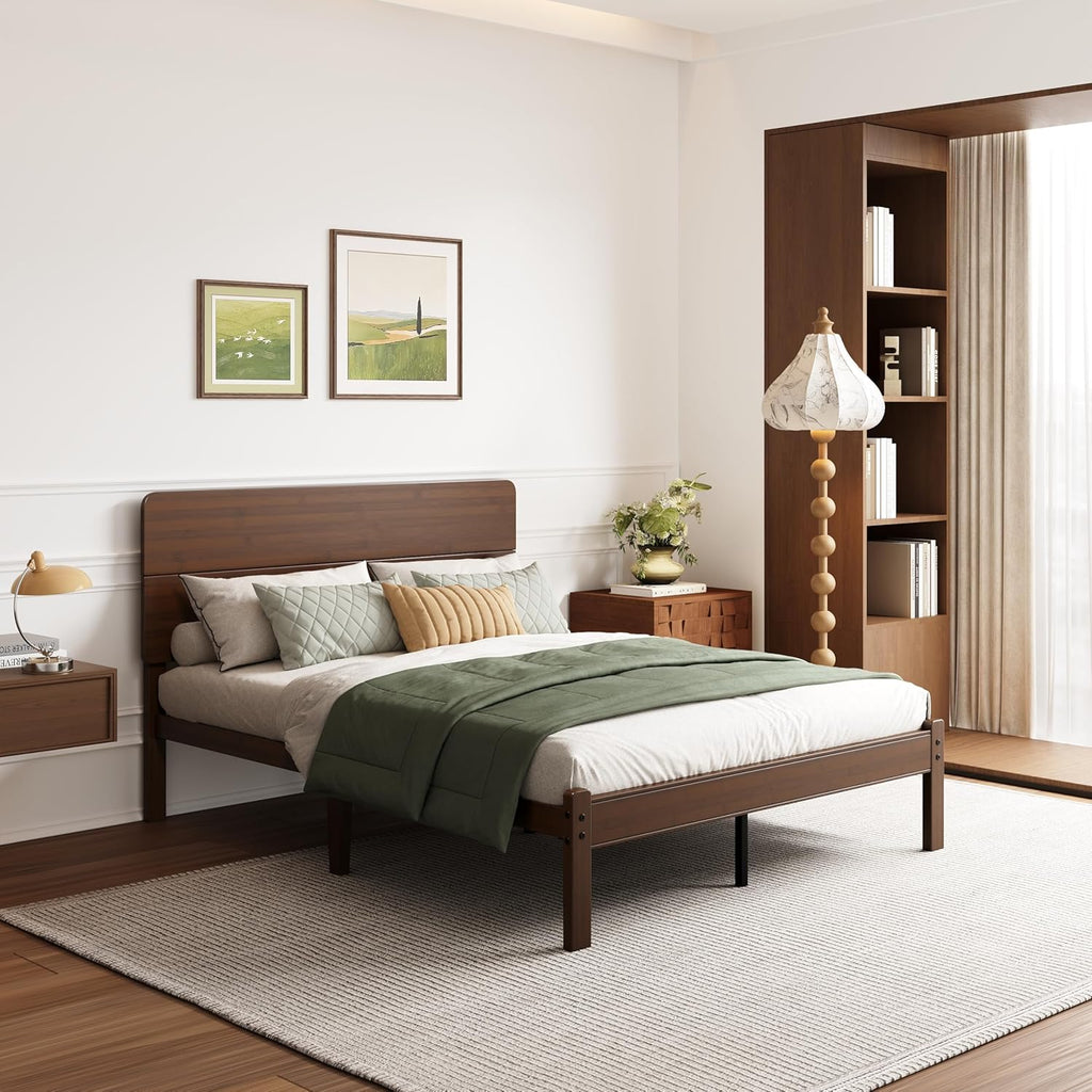 14in High Solid Bamboo Wood Platform Queen Size Bed Frame with Headboard, Reinforced Heavy Duty Metal Slats, Noise Free, No Box Spring Needed, Easy Assembly, Walnut