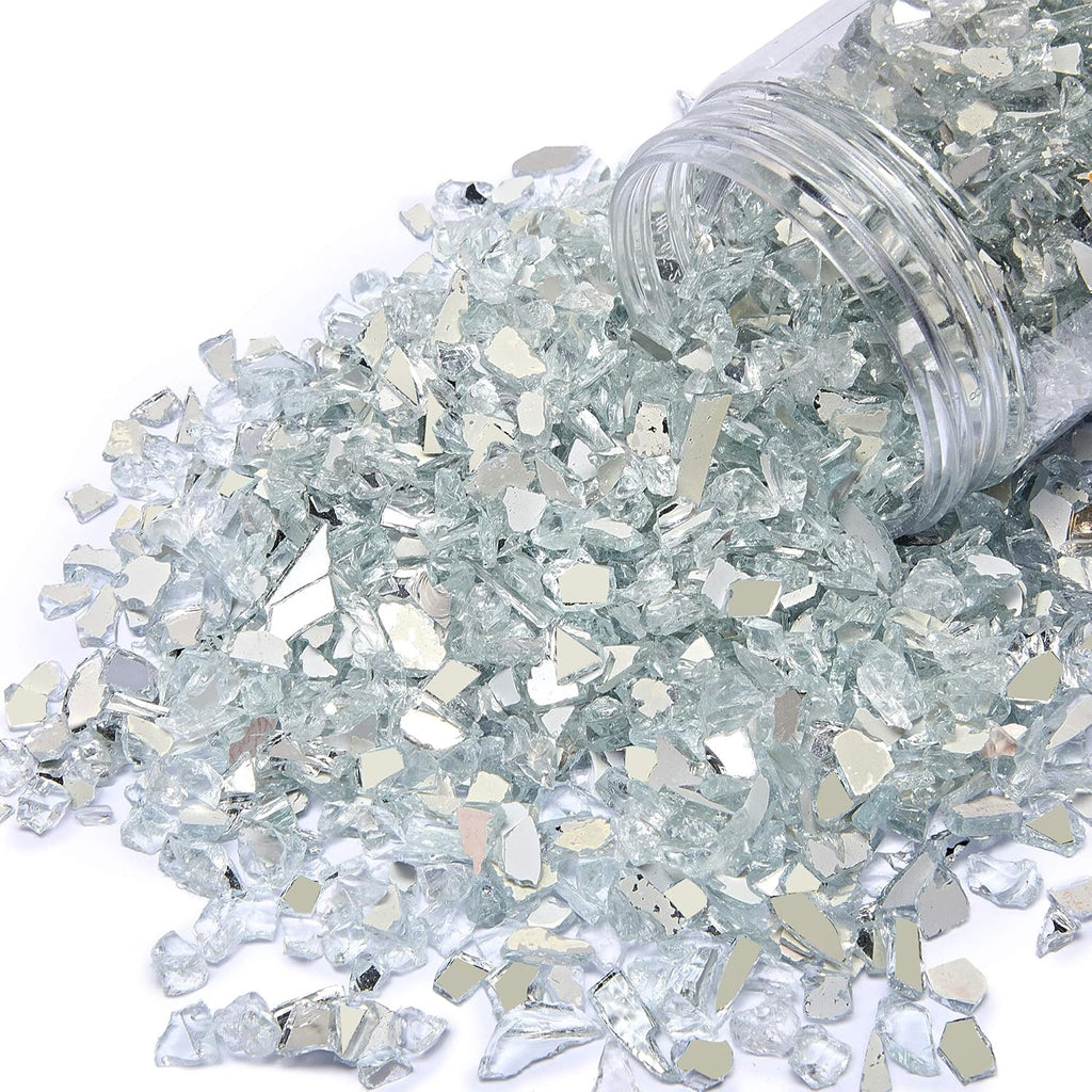 TWINKLING High Luster Fire Glass Gravel Stone Glitter,Broken Glass,Fire Gems Chips,Crushed Glass for Fire Pit Crafts Resin Art Aquarium Garden Decoration,3-6mm,1-Pound Jar (White-Backing Mirror)