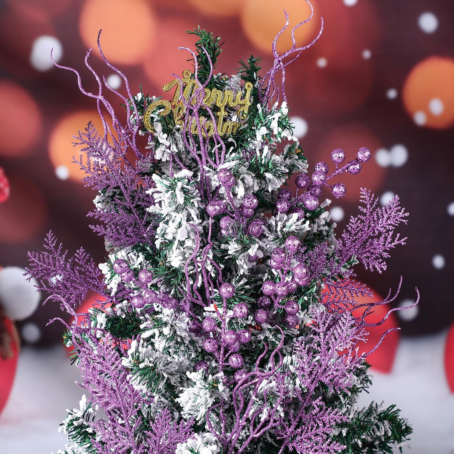 75 Pcs Christmas Glitter Branches 3 Styles Artificial Christmas Picks Berries Stems Pine Needles Floral Twig Spray for Xmas Tree Ornaments DIY Wreath Garland(Purple)