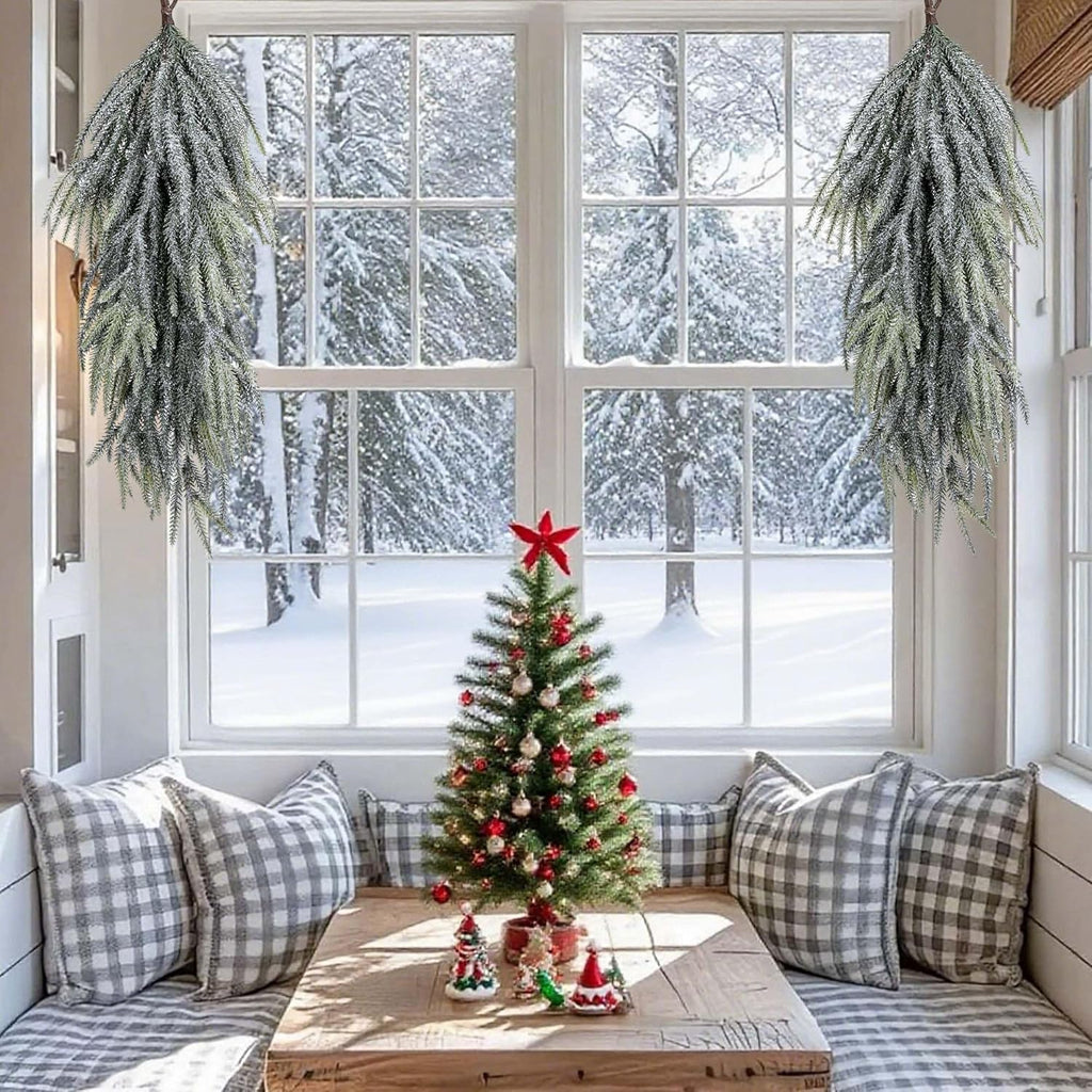 2 Pcs Artificial Christmas Snow Teardrop Swag, 28" Faux Glitter Snow Flocked Norfolk Pine Teardrop Door Swag, White Frosted Real Touch Pine Wreath Staircase Swags for Xmas Door Mantle Fireplace Decor