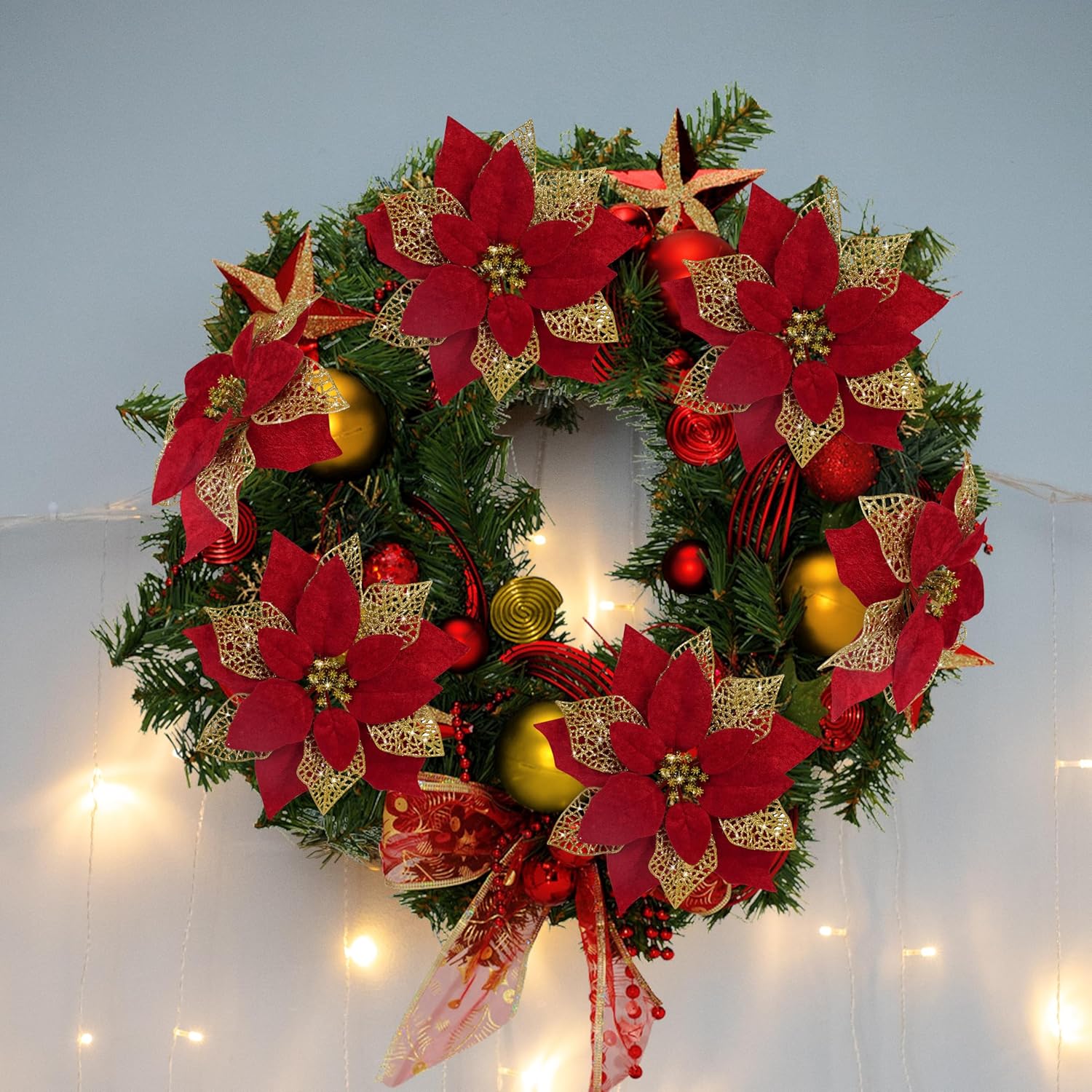 Childom 12 PCS Poinsettia Flower Artificial Poinsettia Christmas Decoration 8.7'' Dark Red Glitter Poinsettias Christmas Ornaments Xmas Tree Flower Decor with Clips DIY Xmas Wreath Home Party Decor