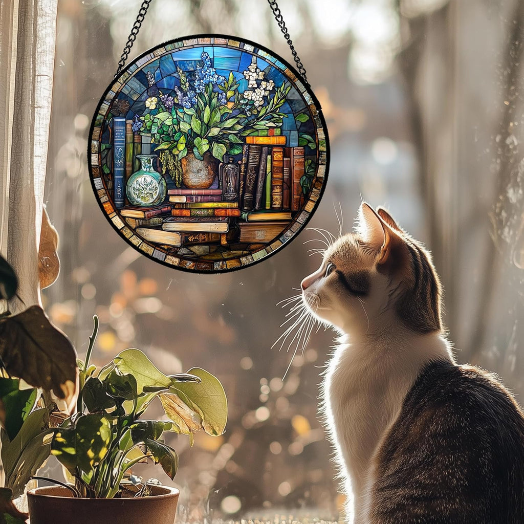 Stained Glass Window Hanging Teal Flower Vintage Books 6.3" - Blue Suncatcher Door Garden Sun Catcher Home Decor Birthday Christmas for Mom Men Woman Nana Friend