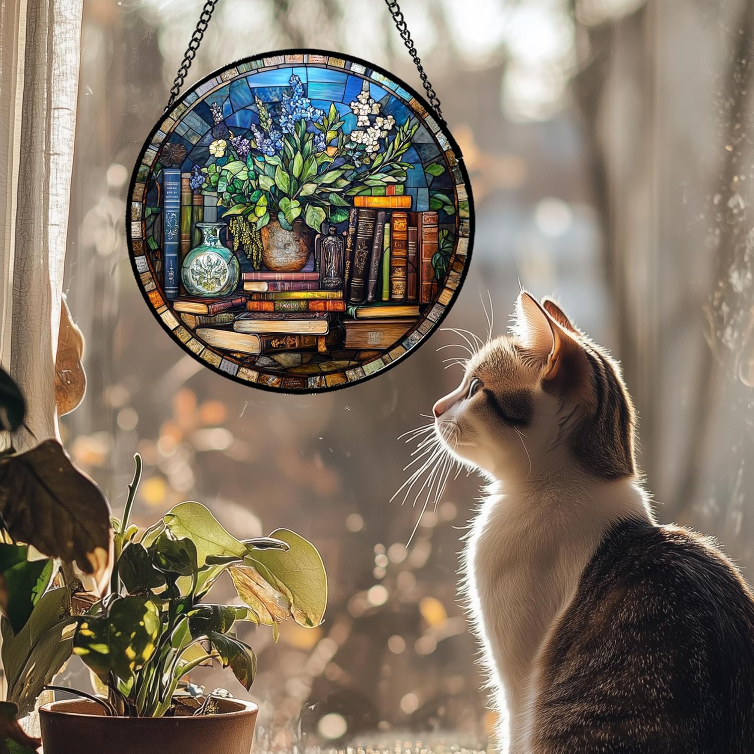 Stained Glass Window Hanging Teal Flower Vintage Books 6.3" - Blue Suncatcher Door Garden Sun Catcher Home Decor Birthday Christmas for Mom Men Woman Nana Friend