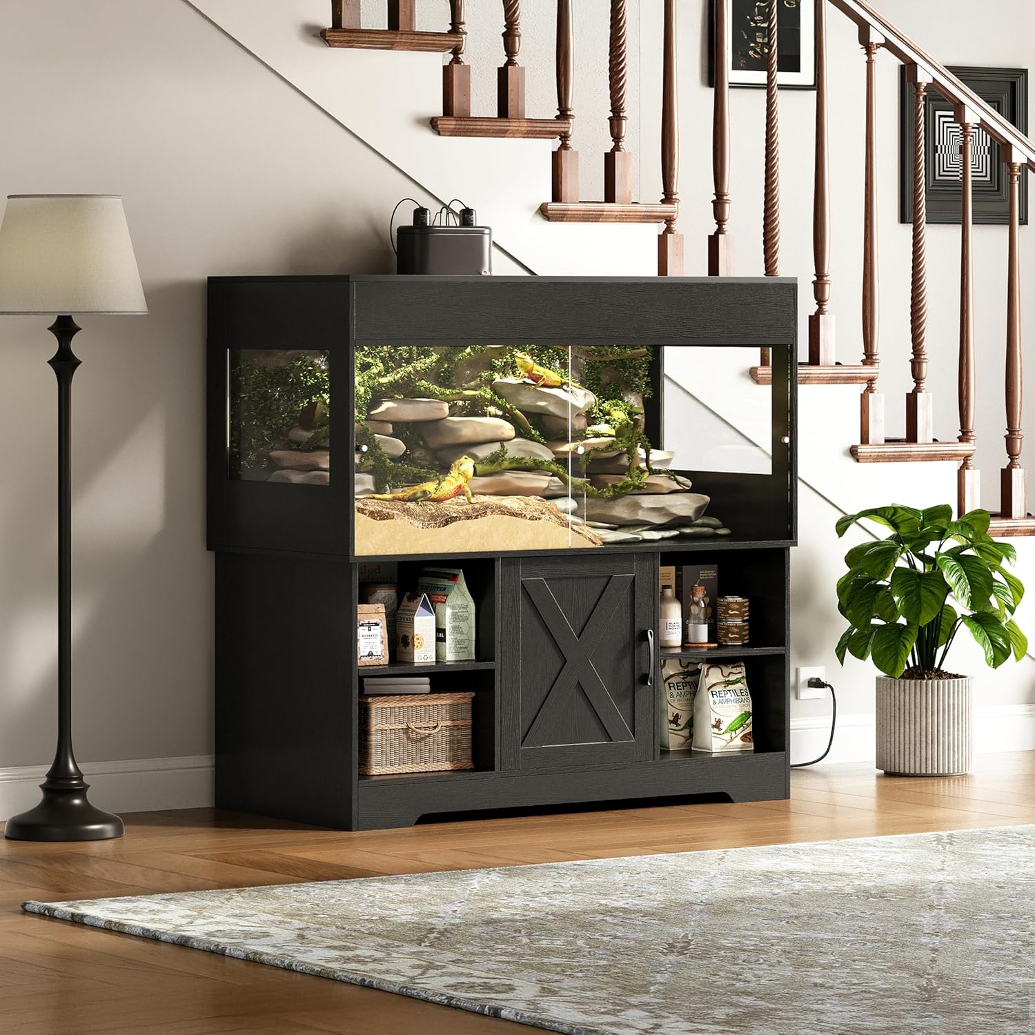 120 Gallon Reptile Tank with Stand, 4x2x2 Terrarium Enclosure for Bearded Dragons, Snakes, Lizards – Sliding Acrylic Doors, Mesh Top, Storage Cabinet, Built-in Power Outlet Black PX01RTB