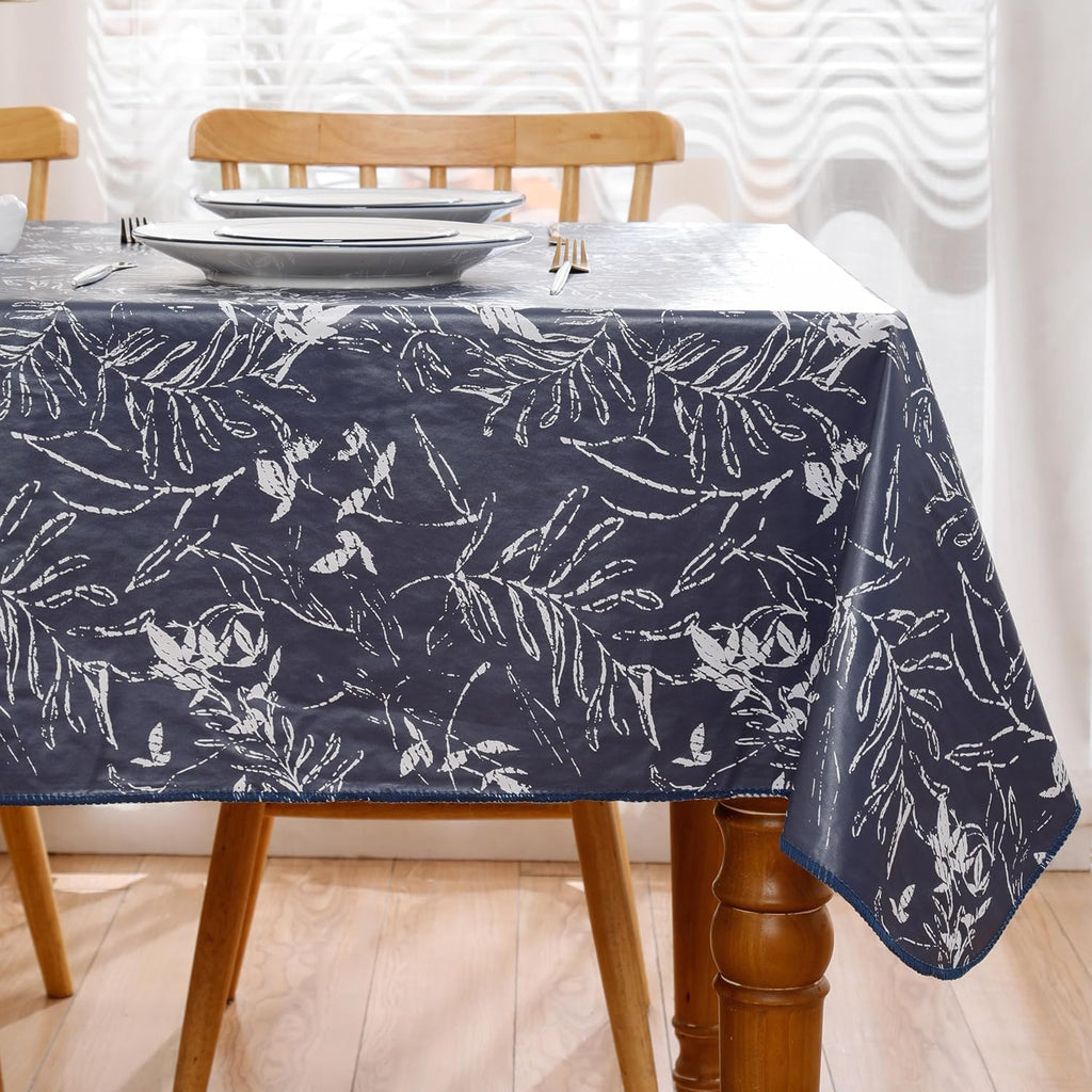 Heavy Duty Vinyl Tablecloth with Flannel Backing Waterproof Oil-Proof Plastic Table Cloth Stain-Resistant Wipeable Rectangle or Square Table Cover for Indoor and Outdoor (Blue Leaf，60x102 Inch)