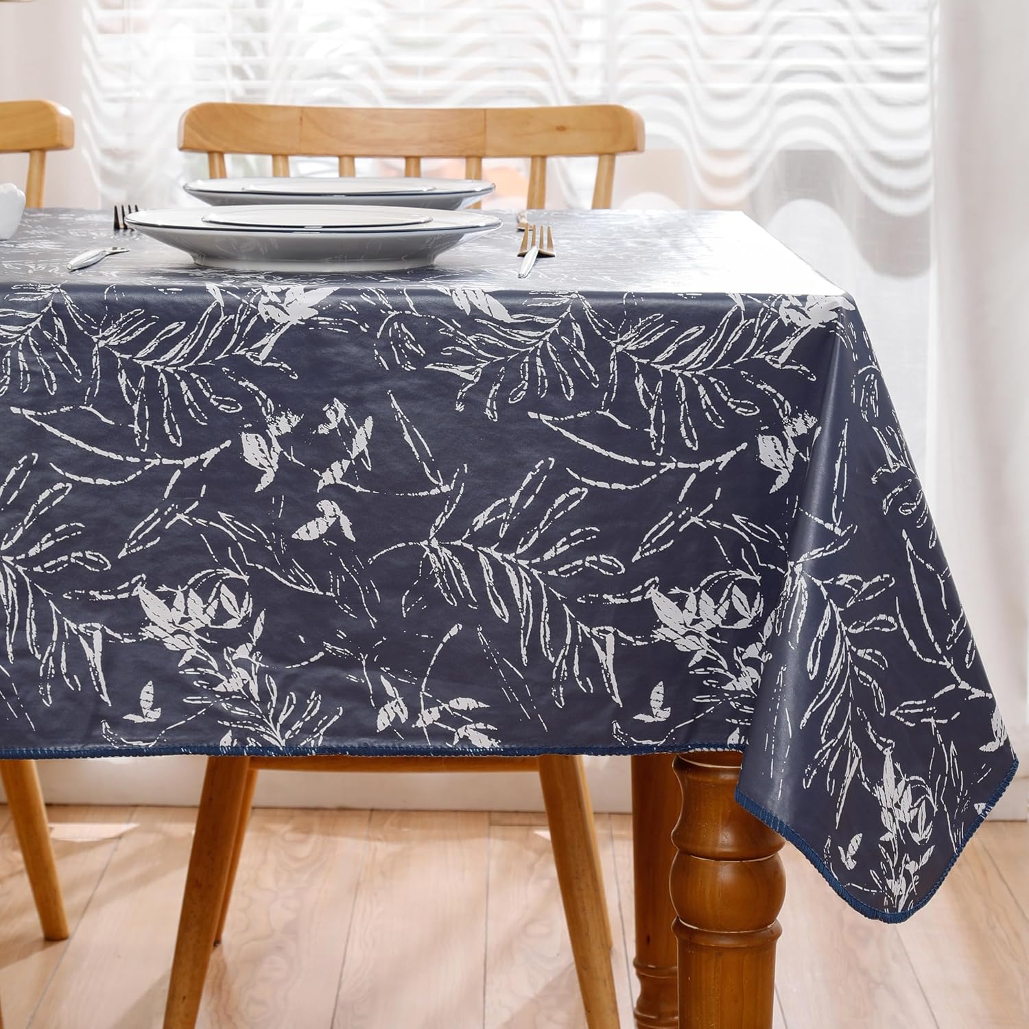 Heavy Duty Vinyl Tablecloth with Flannel Backing Waterproof Oil-Proof Plastic Table Cloth Stain-Resistant Wipeable Rectangle or Square Table Cover for Indoor and Outdoor (Blue Leaf，60x102 Inch)