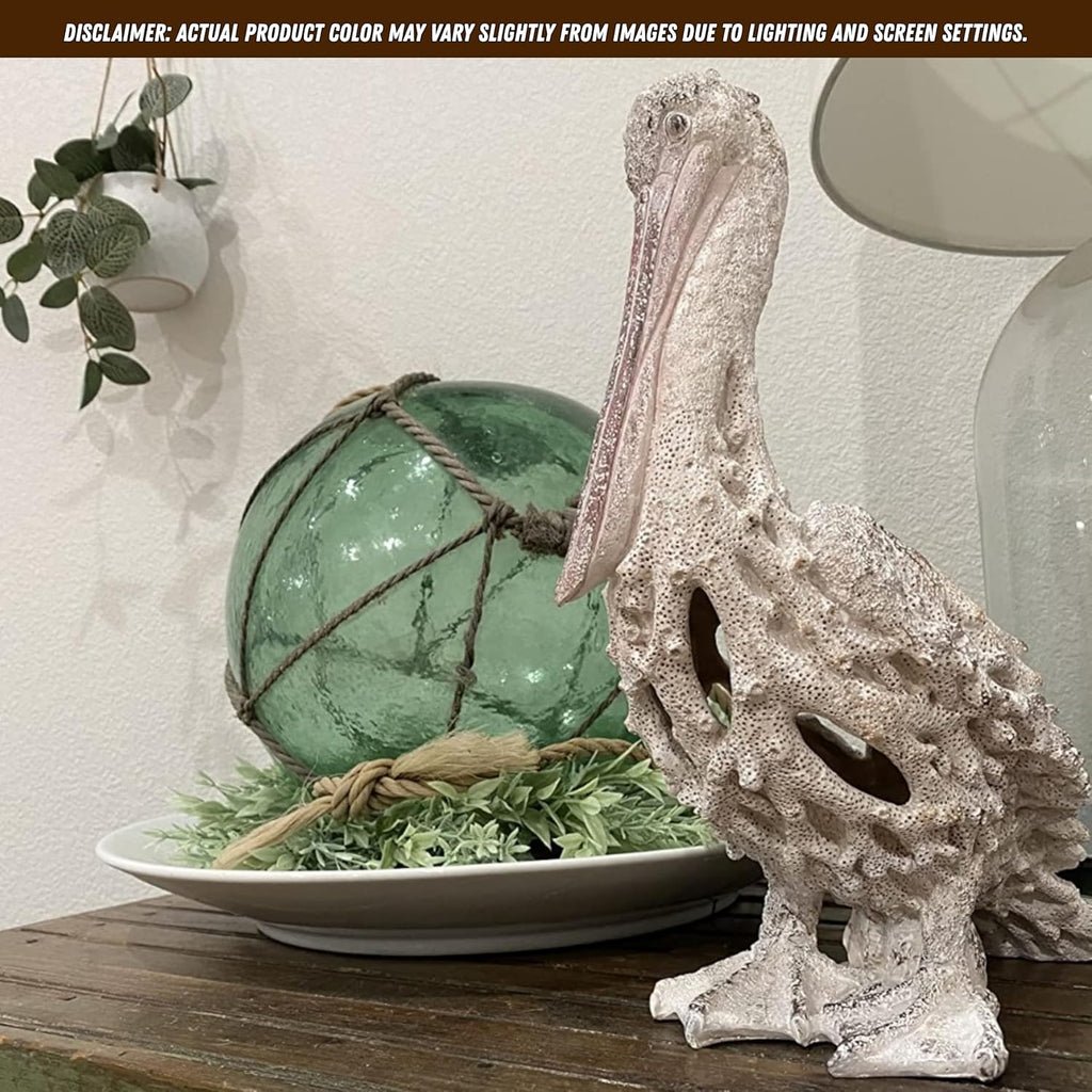 White Pelican Standing Figurine - 13.75” Coral Reef Nautical Decor Coastal Beach Home Accent Ocean Statue for Shelf, Tabletop, or Mantel Display
