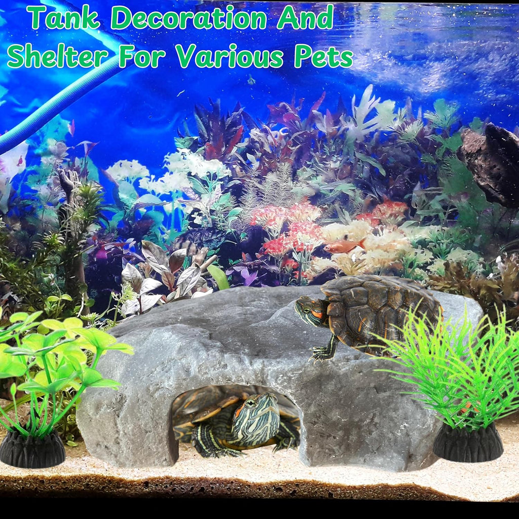Axolotl Tank Accessories - Aquarium Tortoise Hideout, Hides and Fake Water Plants Set, Cave Plastic Tree, Turtle Hideout, Fish Tank Decor (Stone, M)