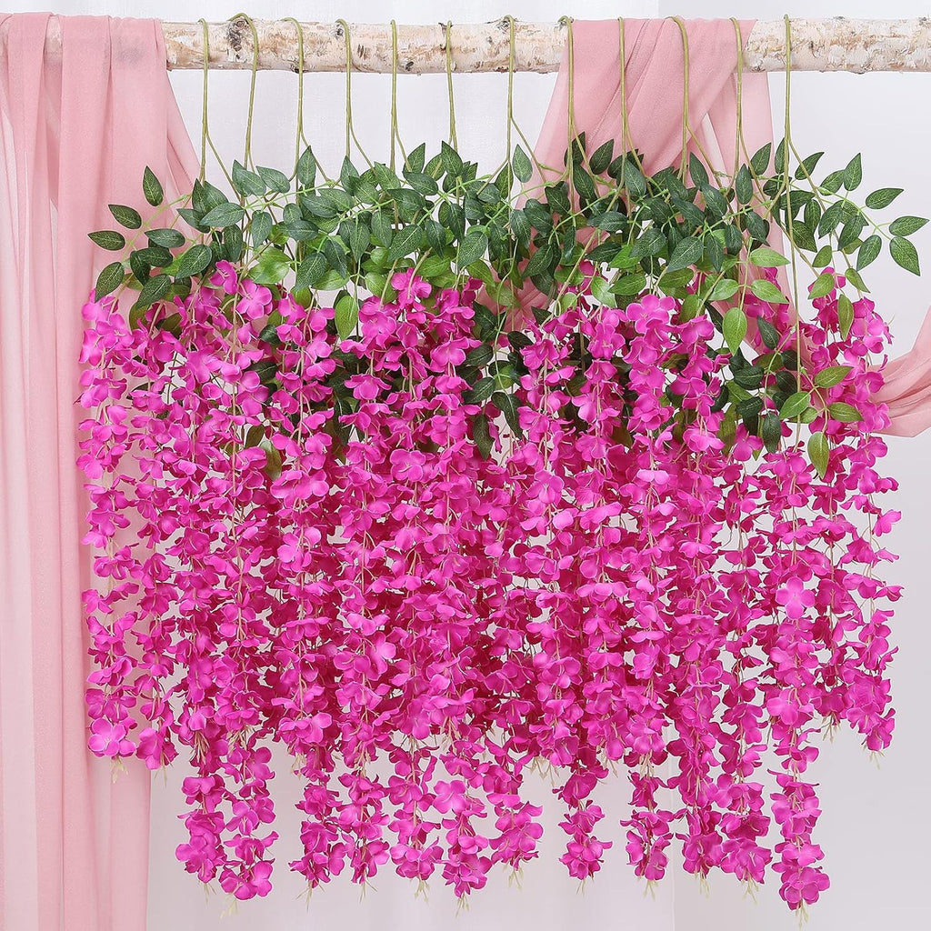 Duovlo 12 Piece Artificial Silk Wisteria Vine 3.6 Feet Ratta Hanging Flower Garland String Home Party Wedding Decor (New Rose Red)