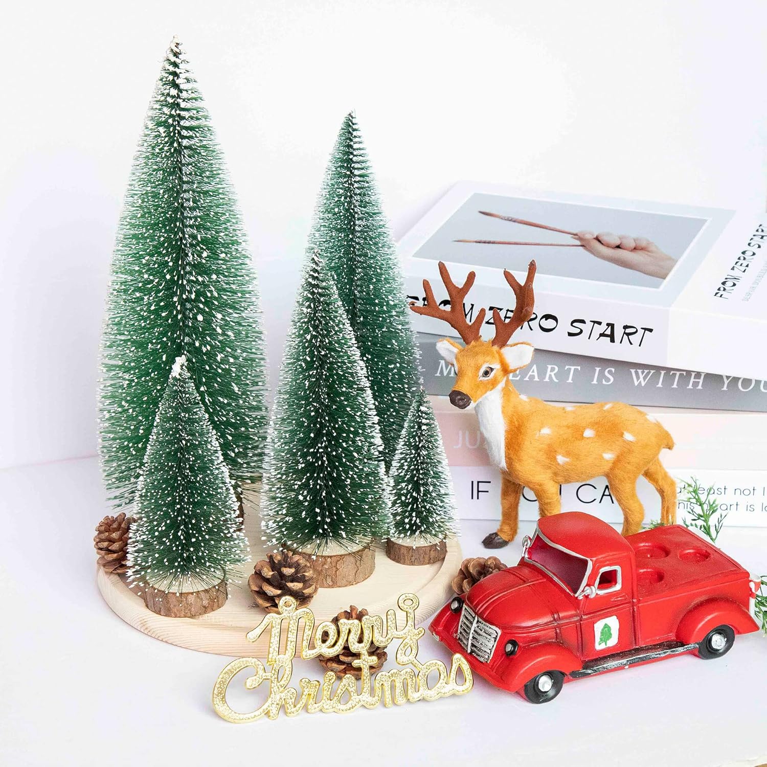 Bottle Brush Trees Mini Christmas Trees Decor Miniature Christmas Tree Small Desktop Artificial Pine Tree Sisal Christmas Trees with Snow for Tabletop Bedroom Decorations Crafts