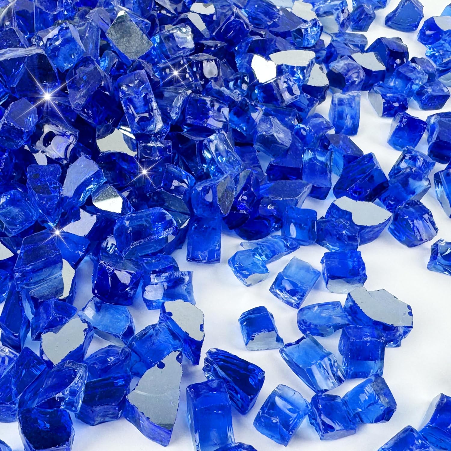 Sunnyglade 10-Pound Fire Glass - 1/2 inch, High Luster Reflective Tempered Glass Rocks for Fireplace, Fireglass for Fireplace Fire Pit (Blue, 10 Pounds)