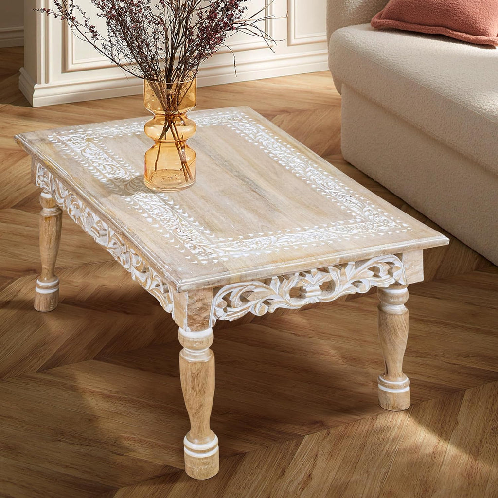 Rectangular Wooden Coffee Table 36x24x18 Inch – Beige Finish with Cutwork Jali Carving, Rustic Farmhouse Style, Mid-Century Modern Living Room Furniture