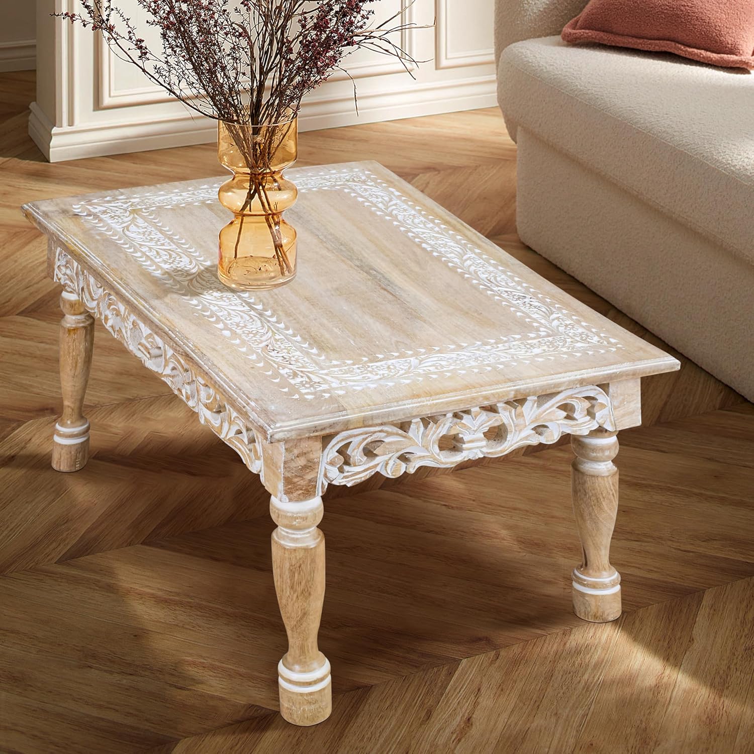 Rectangular Wooden Coffee Table 36x24x18 Inch – Beige Finish with Cutwork Jali Carving, Rustic Farmhouse Style, Mid-Century Modern Living Room Furniture