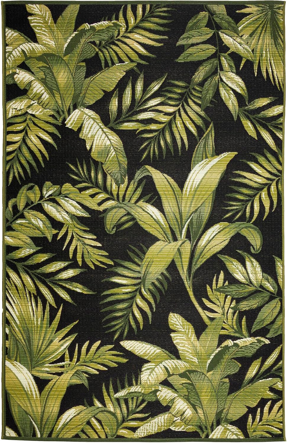 Liora Manne Marina Indoor/Outdoor Power Loomed Synthetic Blend Low Profile Area Rug - Transitional Graphic Botanical Beach Camping (Jungle Leaves Black) (8'10" x 11'9")