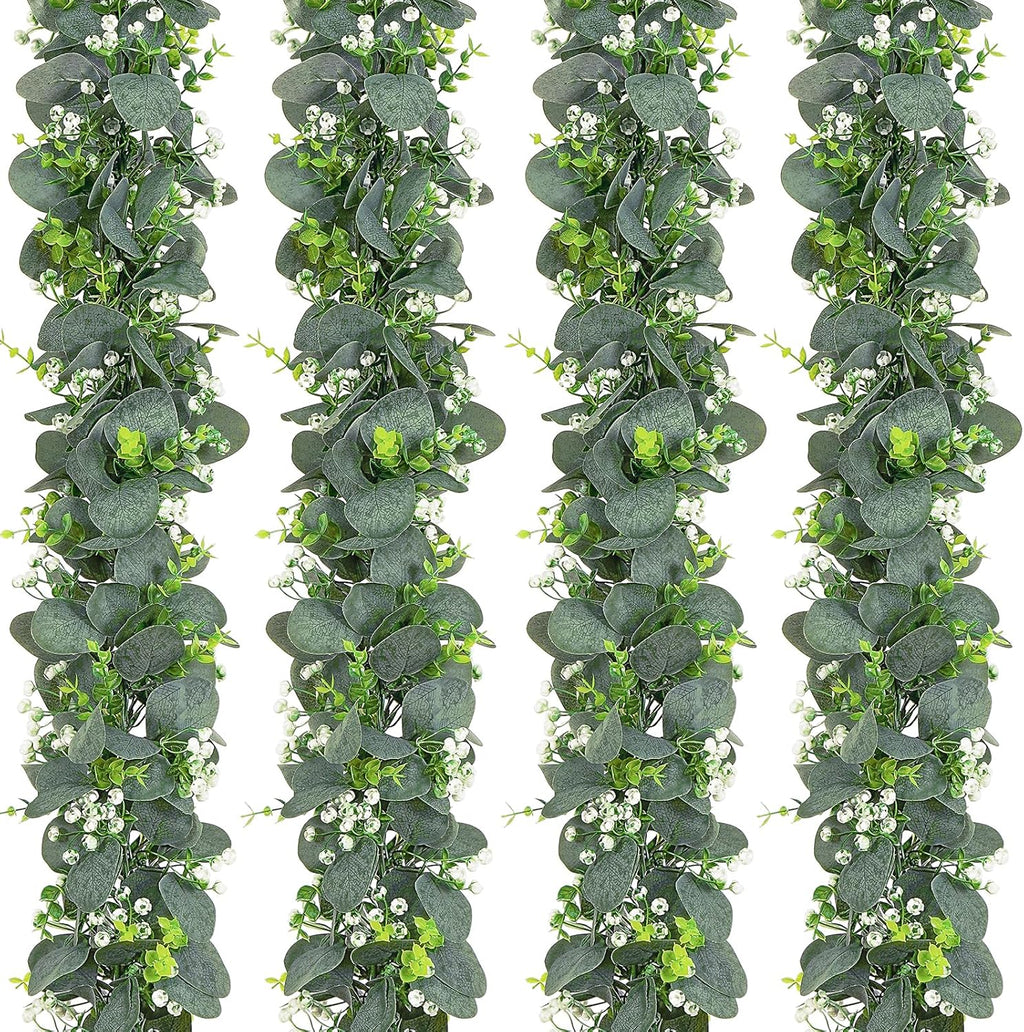 Dolicer 4 Packs 6FT Artificial Eucalyptus Garland, Faux Greenery Garland Fake Vines Hanging Silver Dollar Eucalyptus Leaves for Wedding Backdrop Arch Table Wall Party Home Decor