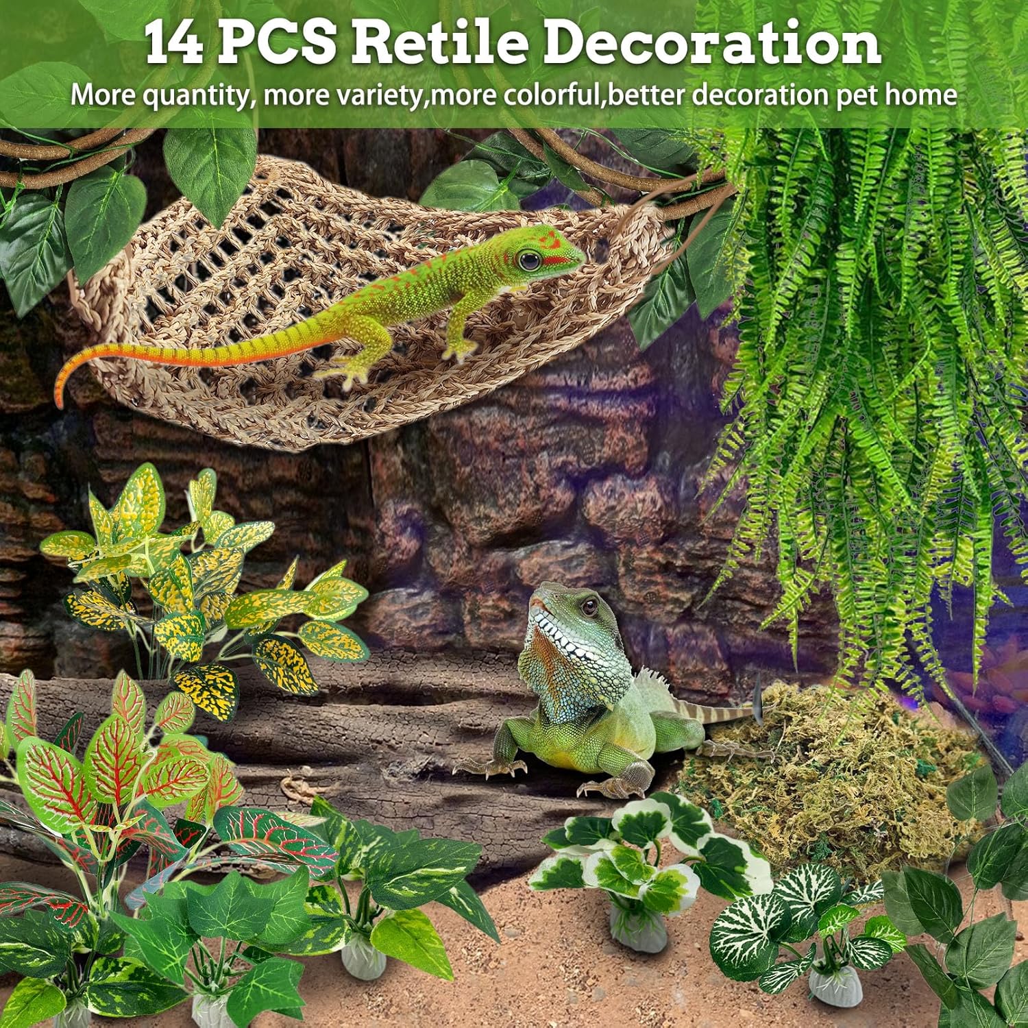 PINVNBY 14 PCS Reptile Plants Sets, Bearded Dragon Hammock, Terrarium Hanging Plant Vines Artificial Leaves, Reptile Habitat Climbing Decorations for Chameleons, Lizards, Geckos, Snakes