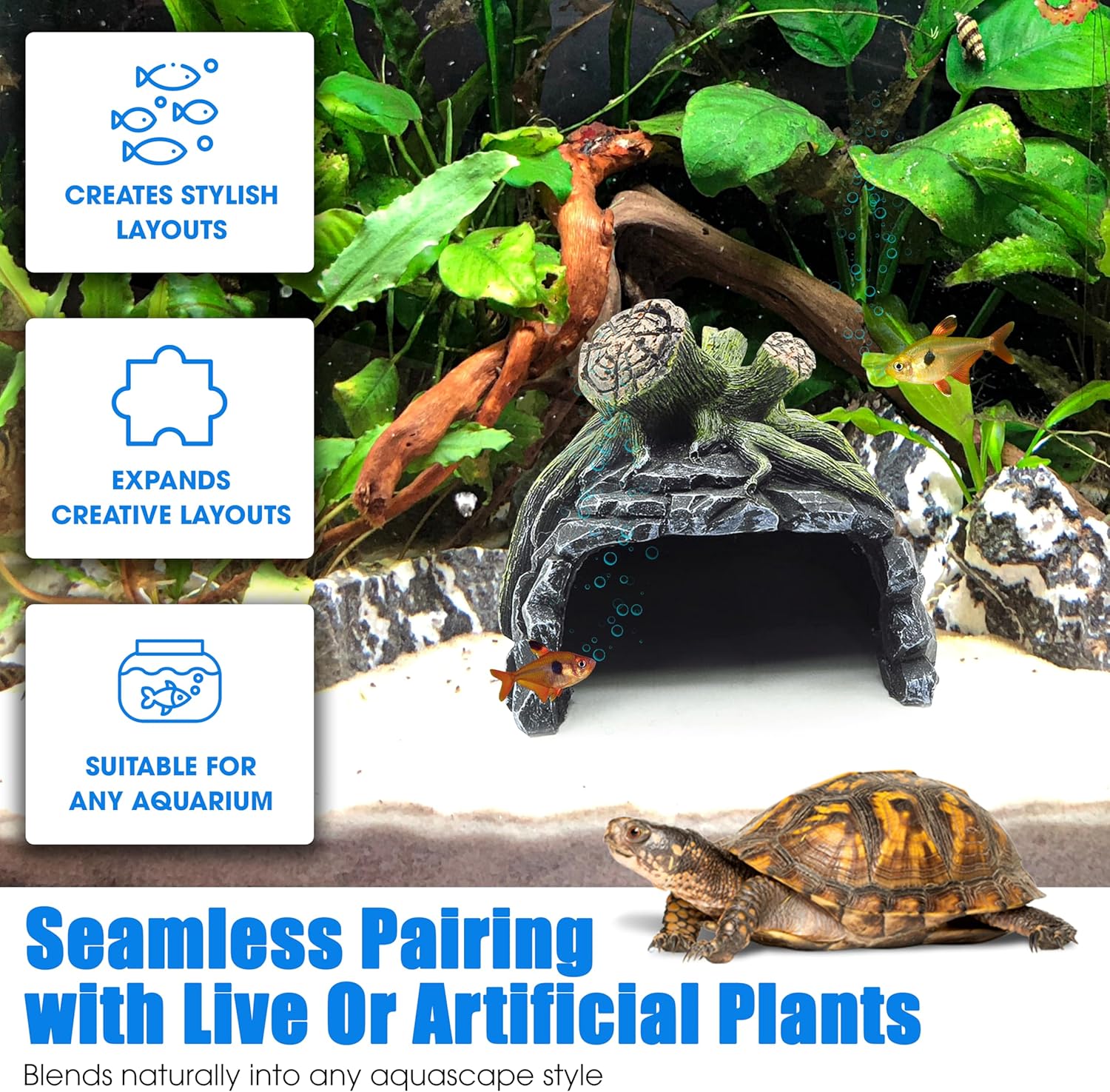 Aquarium Decor, Betta Fish Tank Accessories with Plants, Turtle Tank Decorations, Large Aquarium Ornaments, Fish Hideout, Decorative Accessories for Freshwater & Saltwater Tanks (Tree cave)