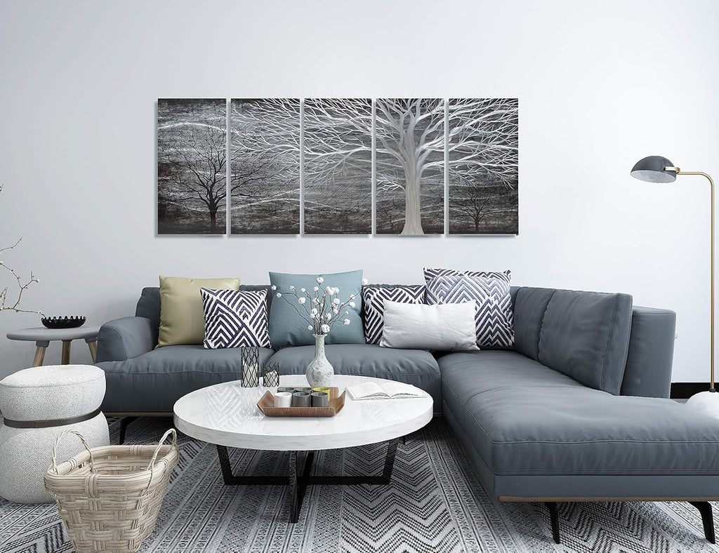 BATRENDY ARTS Extra Large 3D Silver Tree Metal Art Handmade Black Design Wall Decor Modern Home Accent Artwork for Living Room Decorations