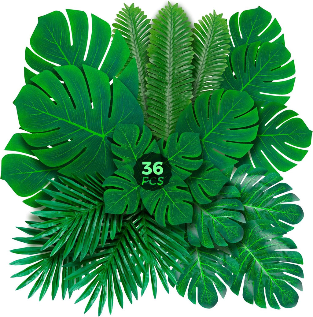 Decopom Palm Leaves Artificial Tropical Monstera 36Pack 6 Kinds Large Small Green Fake Palm Leaf with Stems