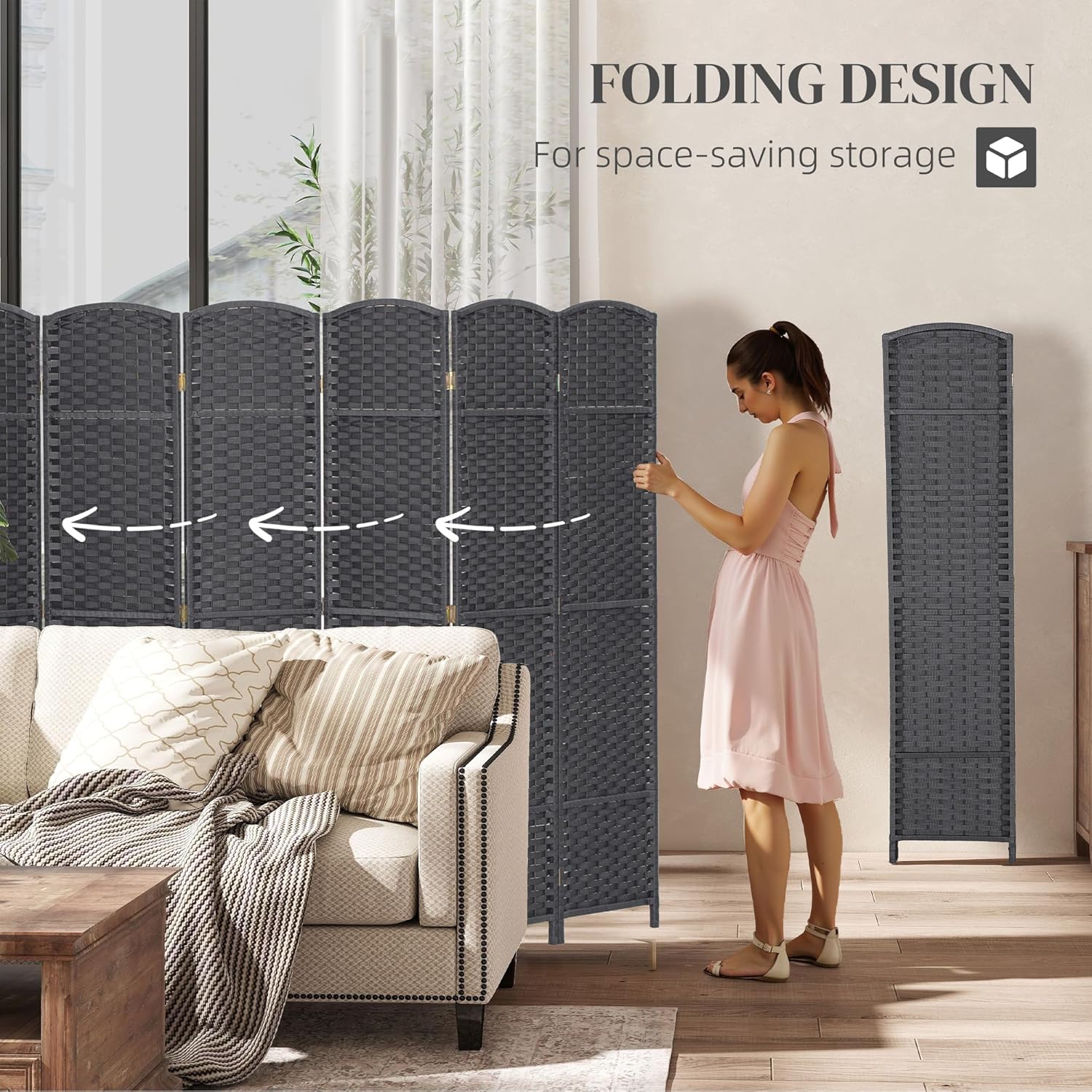 HOMCOM Room Divider, 8 Panel Folding Privacy Screen, 5.6' Tall Freestanding Partition for Home Office, Bedroom, Charcoal Gray