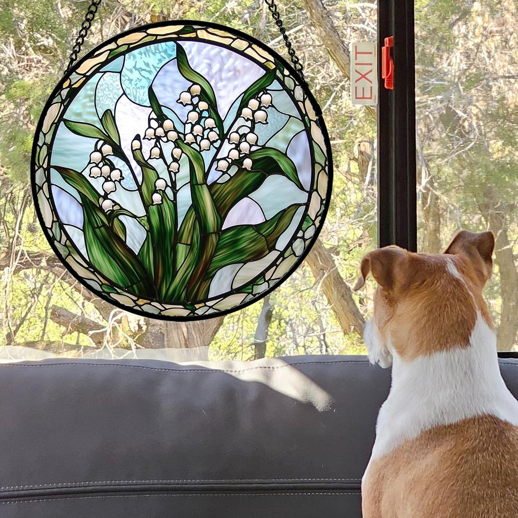 Stained Glass Window Hanging, White Green Lily of The Walley Flowers Sun Catcher for Door Home Decor Plants Suncatcher Christmas Mother's Day Birthday Gifts for Women Men Mom Nana 9.8 in