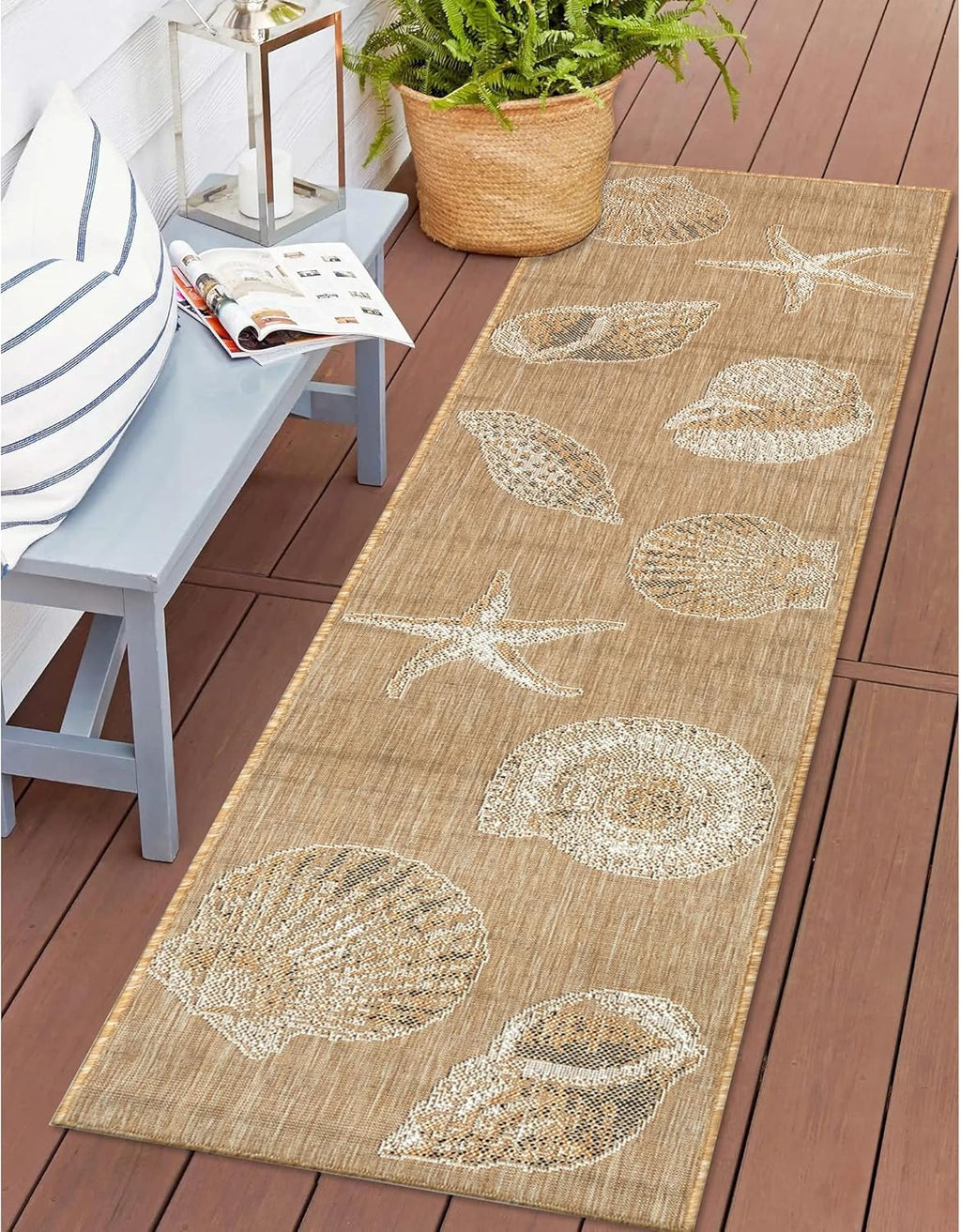 Liora Manne Carmel Indoor/Outdoor Power Loomed Synthetic Blend Low Profile Area Rug - Transitional Coastal Seashell Decorative (Shells Sand) (1'11" x 4'11")